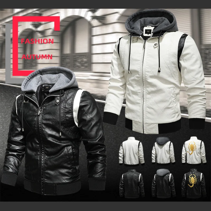 Men Winter Leather Jackets Coat Casual Embroidery Knitted Hooded Motorcycle PU Jacket Biker Warm Leather Waterproof Men Coats