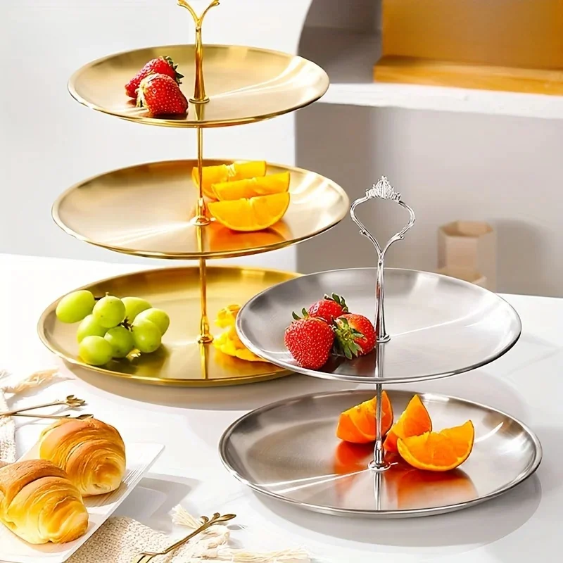 Support à gâteau en acier inoxydable à 2/3 couches, poignées de restaurant, dessert amovible, assiette de fruits en or et en argent, collation et bonbons, T1