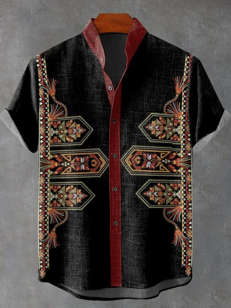 Новая мужская рубашка с короткими рукавами из льняной удобной ткани в стиле ретро с принтом тотема, повседневная уличная трендовая повседневная рубашка