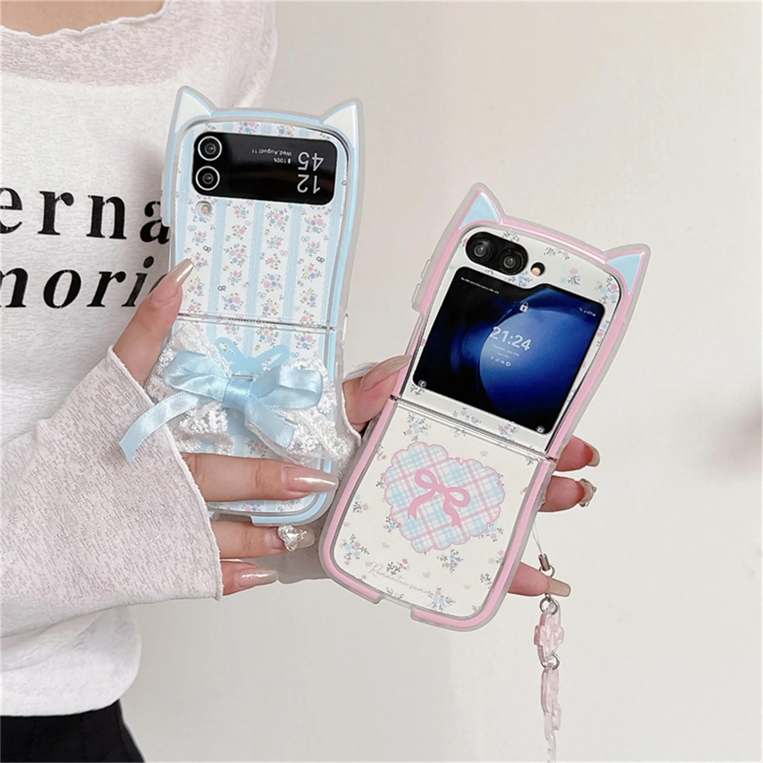 Cat ears Floral bow for Samsung zflip 6 5 All-inclusive folding screen ZFlip4 3 Women Flip bracelet Korean small fres phone case