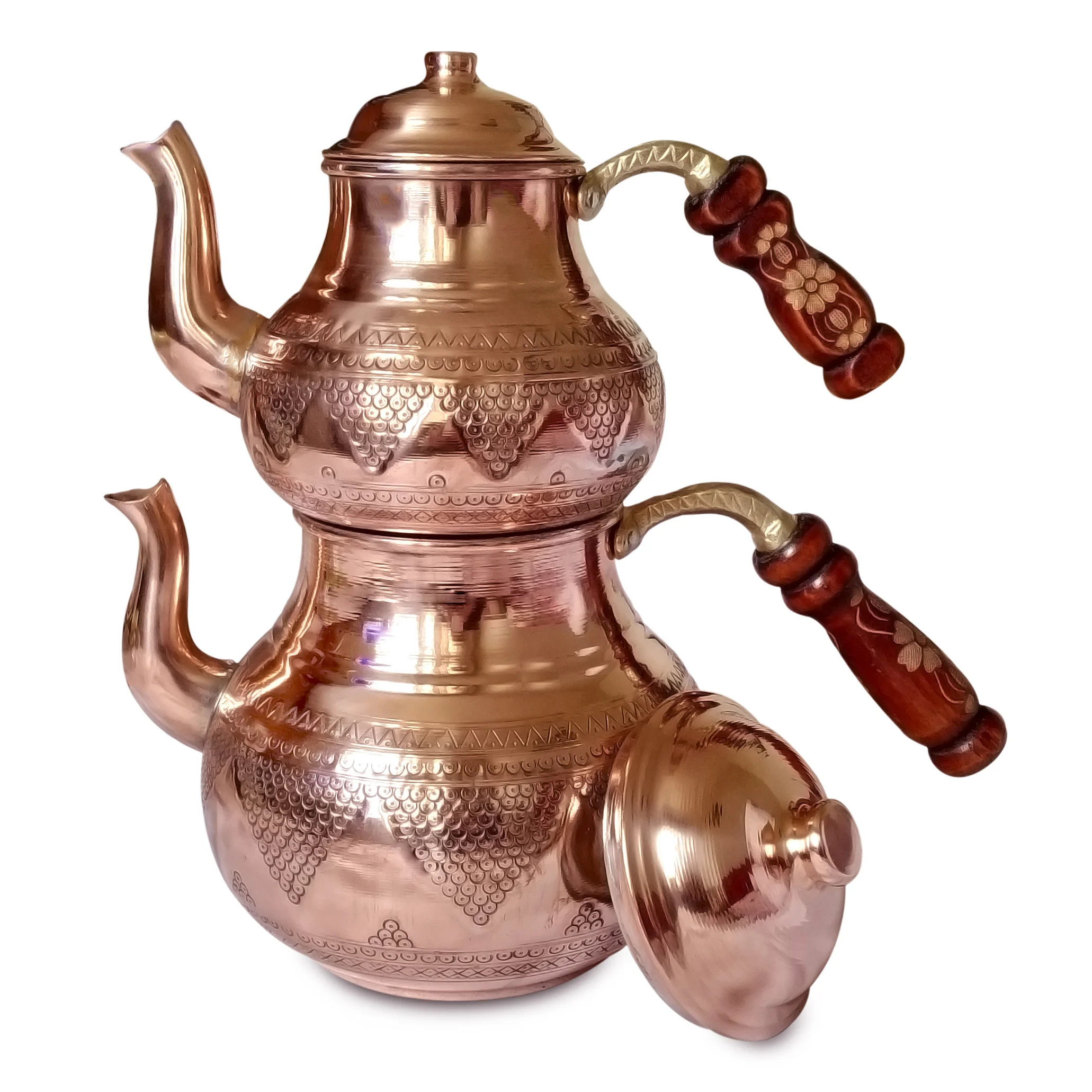 Conjunto de bule de cobre do fogão, chaleira de chá para o fogão, estilo autêntico grupo de uvas padrão, samovar com duas mão de madeira de reposição