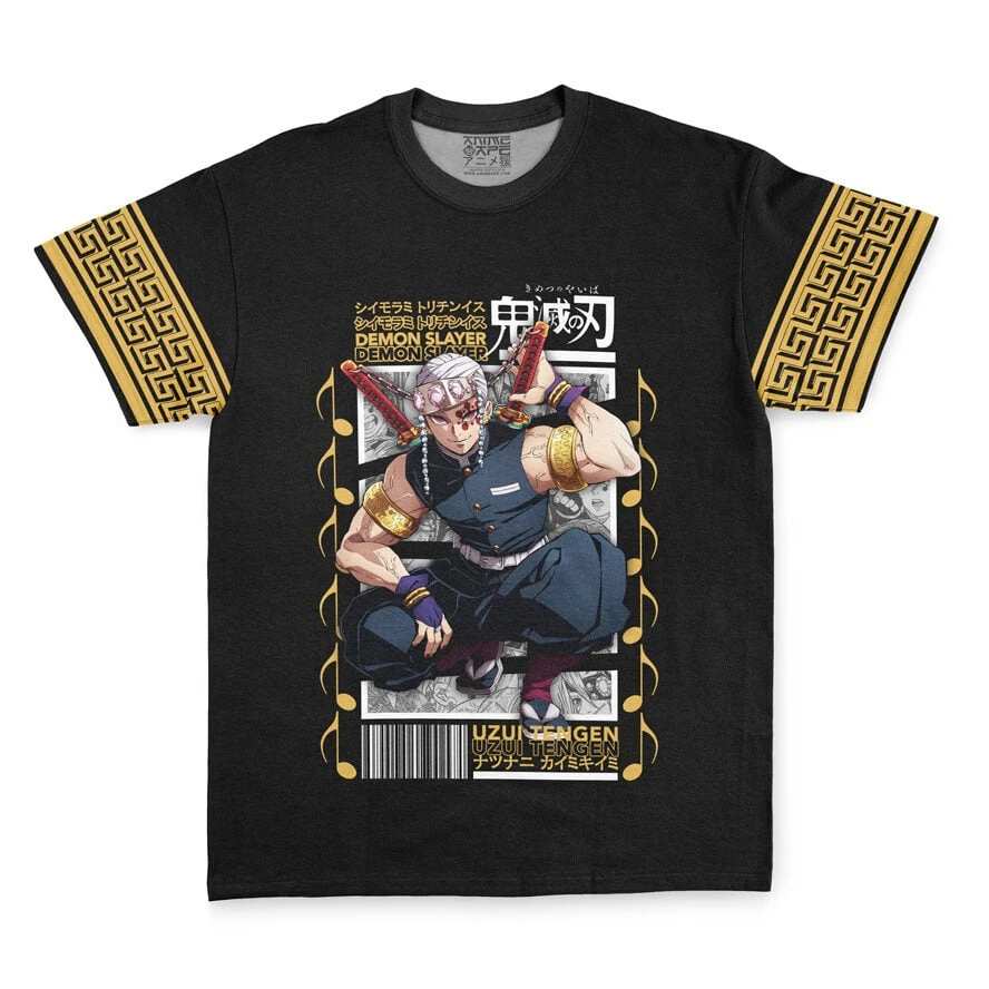 Herren Anime Grafik T-Shirt, Einfarbig Schwarz Demon Slayer Uzui Tengen Sound Hashira Aufdruck Gold Geometrische Manschette Japanische Schrift Weiches B