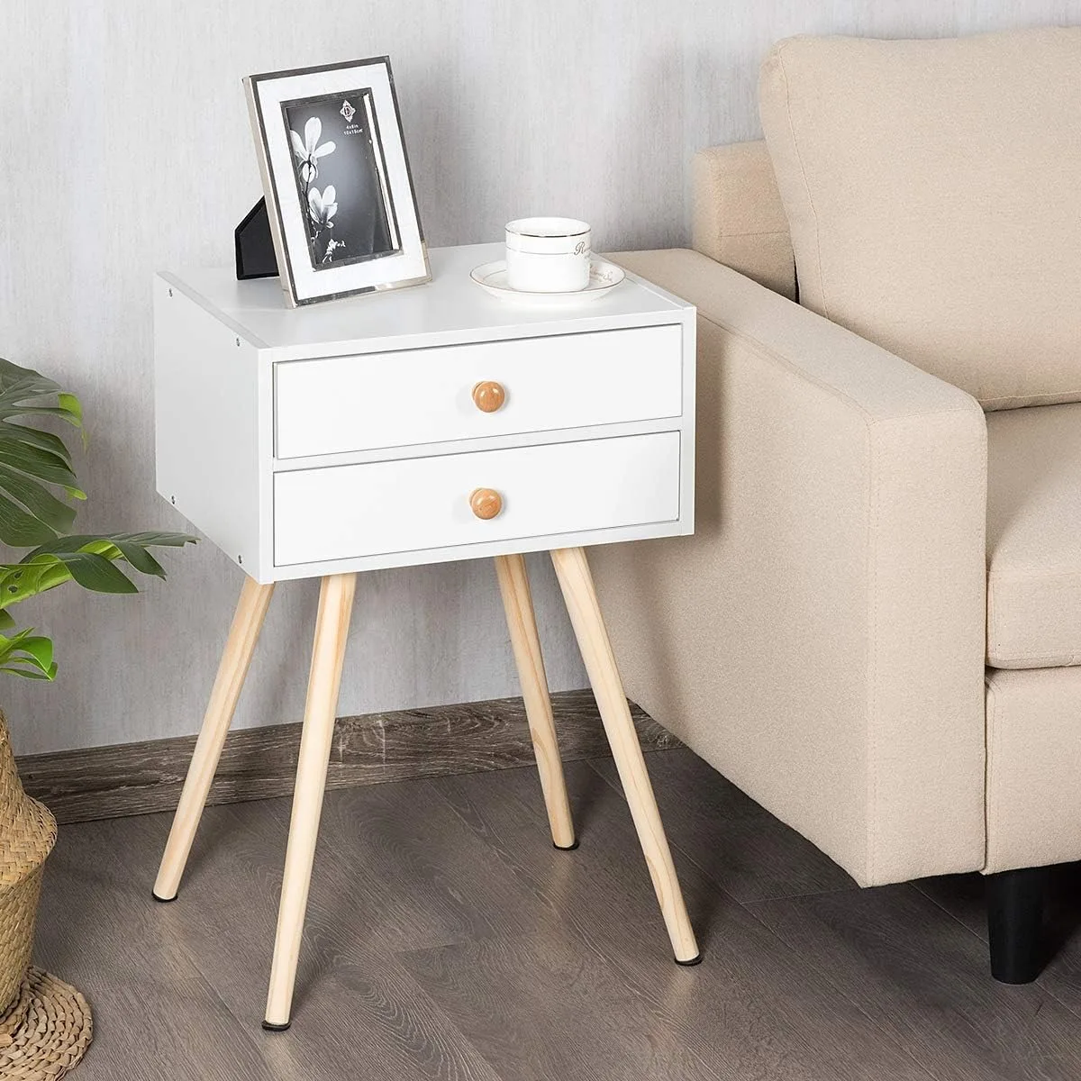 

Прикроватная тумбочка в стиле Mid-Century Modern с 2 ящиками, белая, для дивана или как приставной столик