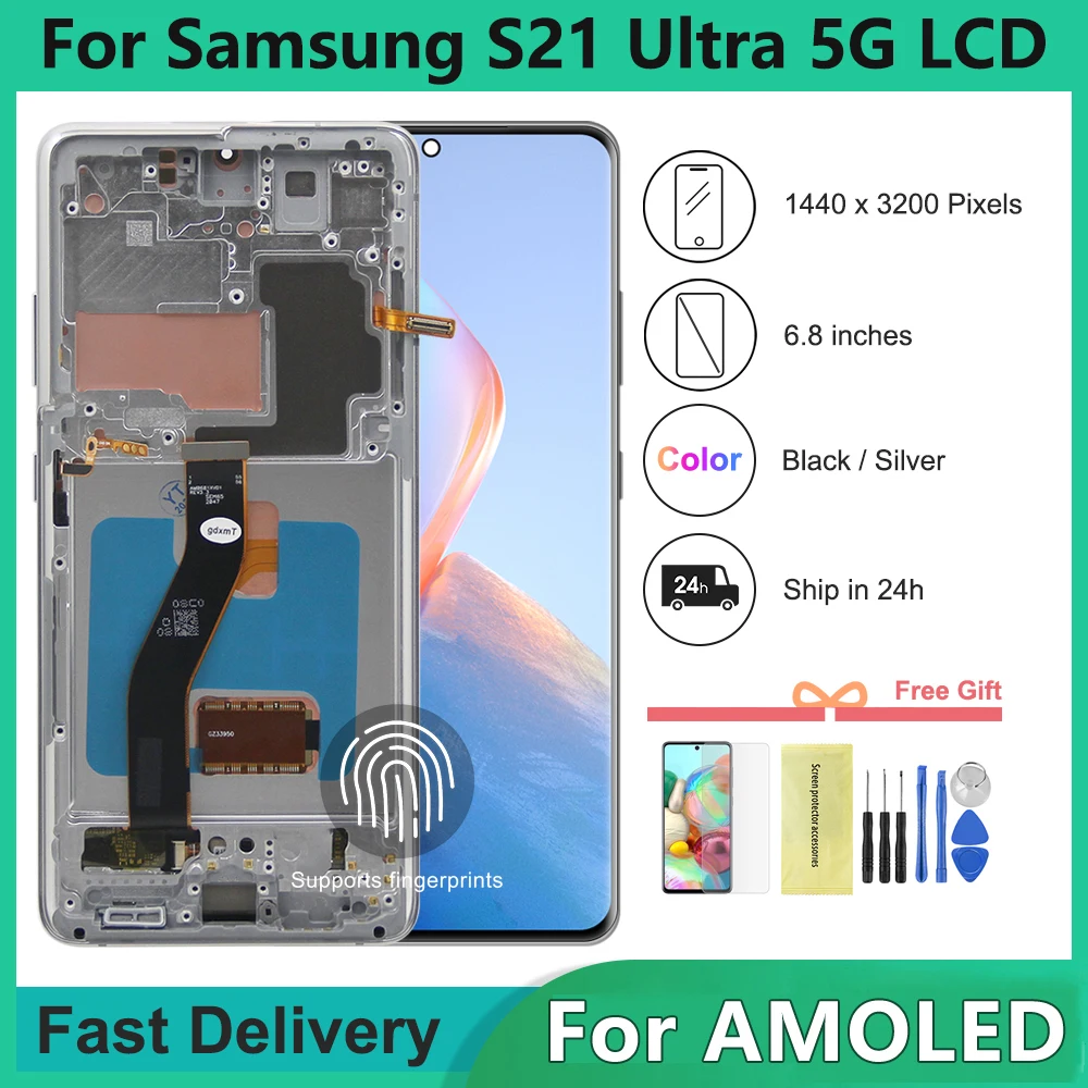 For AMOLED S21 Ultra Screen Replacment for Samsung S21 Ultra 5G G998 G998F G998F/DS LCD Display Touch Screen + Frame Assembly