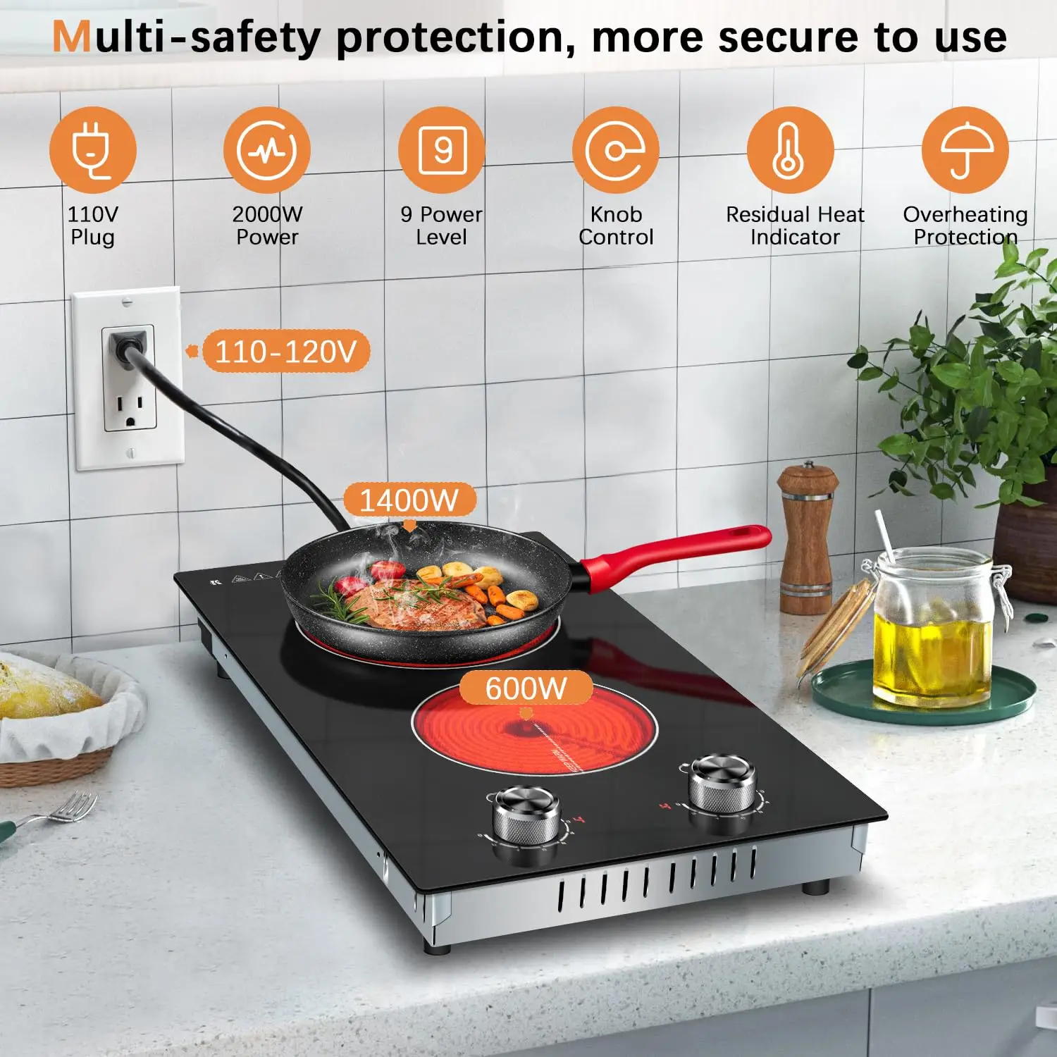 Karinear 110V Electric Cooktop 2 Burners Electric Stove 12 Inch Knob Control Countertop & Built-in Ceramic Cooktop, 9 Heating Level, Hot Warning, Over-Temperature Protection(Silver Knob)