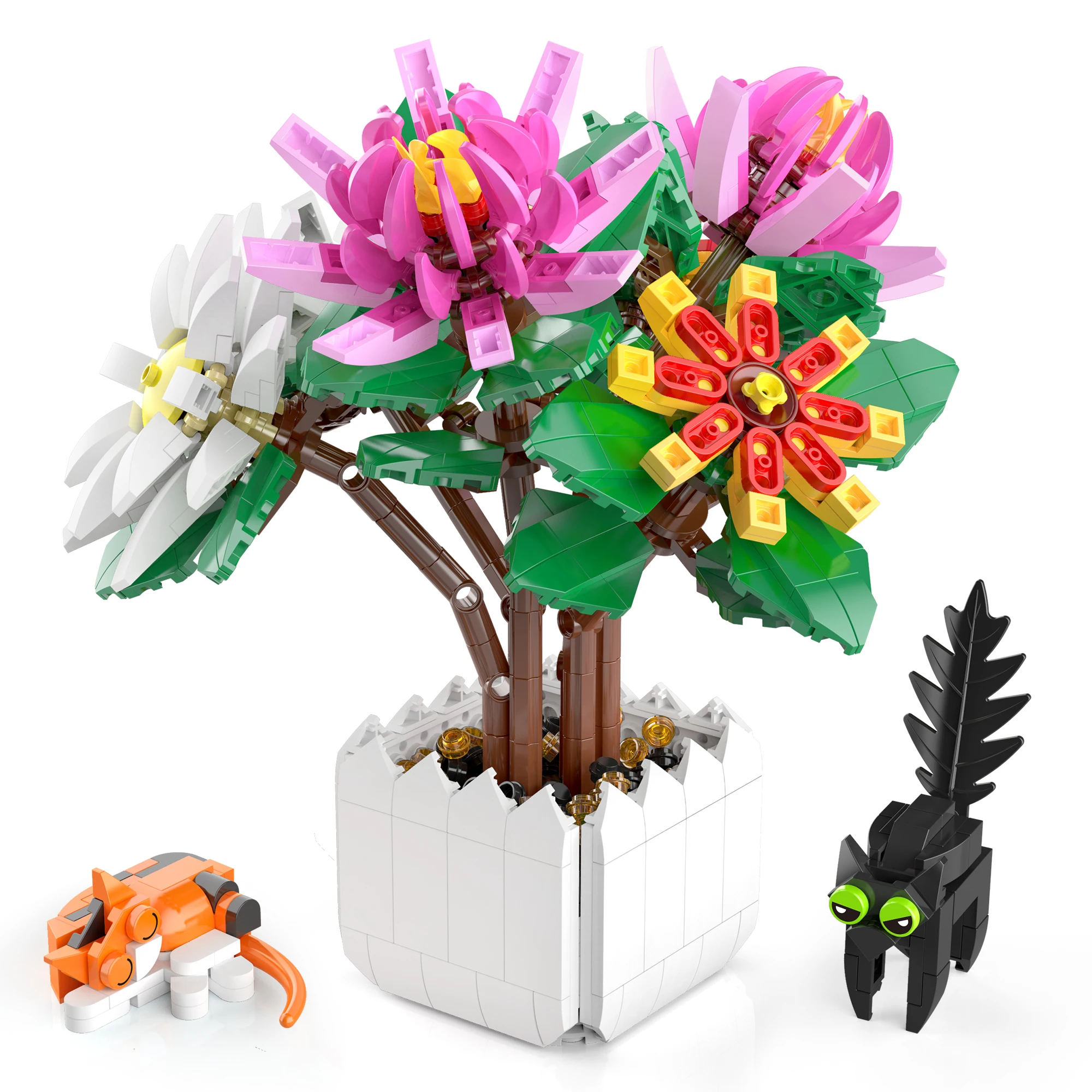 

EDUCIRO Under Daisy Flowers Bonsai Building Blocks Kit with Cat Building Set, Chrysanthemum Flower Bouquets, Flowers Home Decor