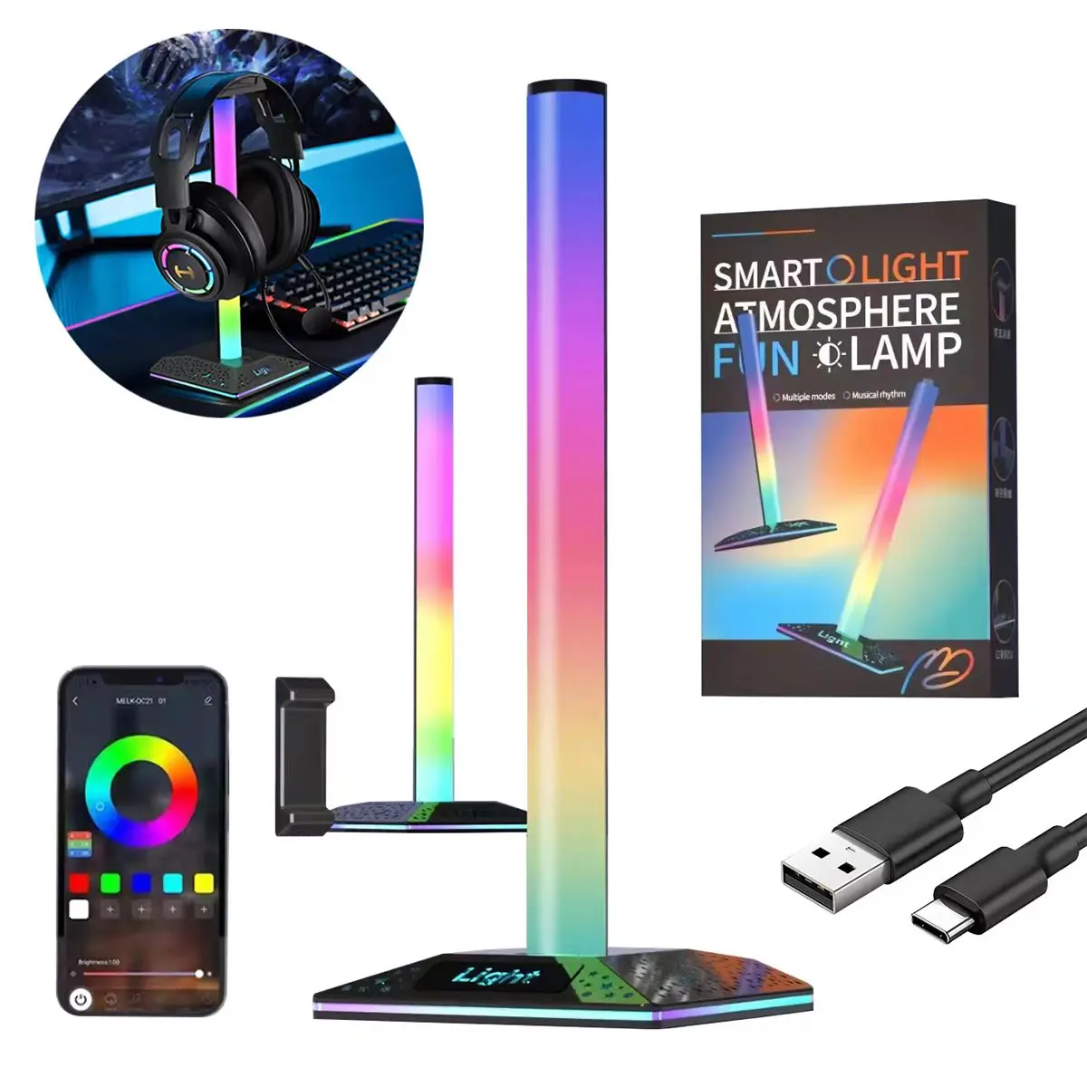 

Game desktop atmosphere headphone lamp Bluetooth APP colorful bedroom romantic atmosphere decorative lamp