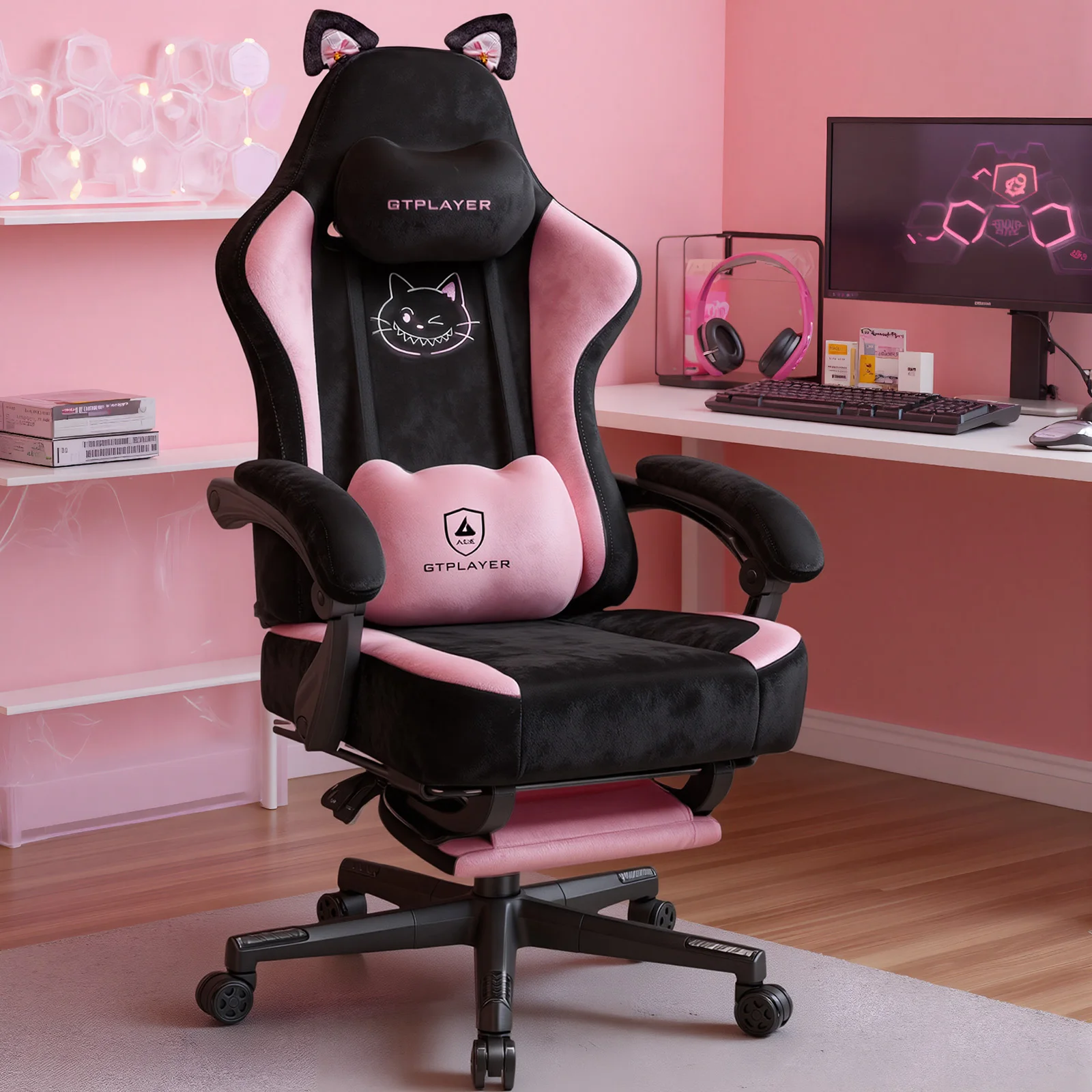GTPLAYER Niedlicher Gaming Stuhl mit Samtstoff, ergonomischer Bürostuhl Gamer Stuhl mit Katzenohren 150kg, Rosa
