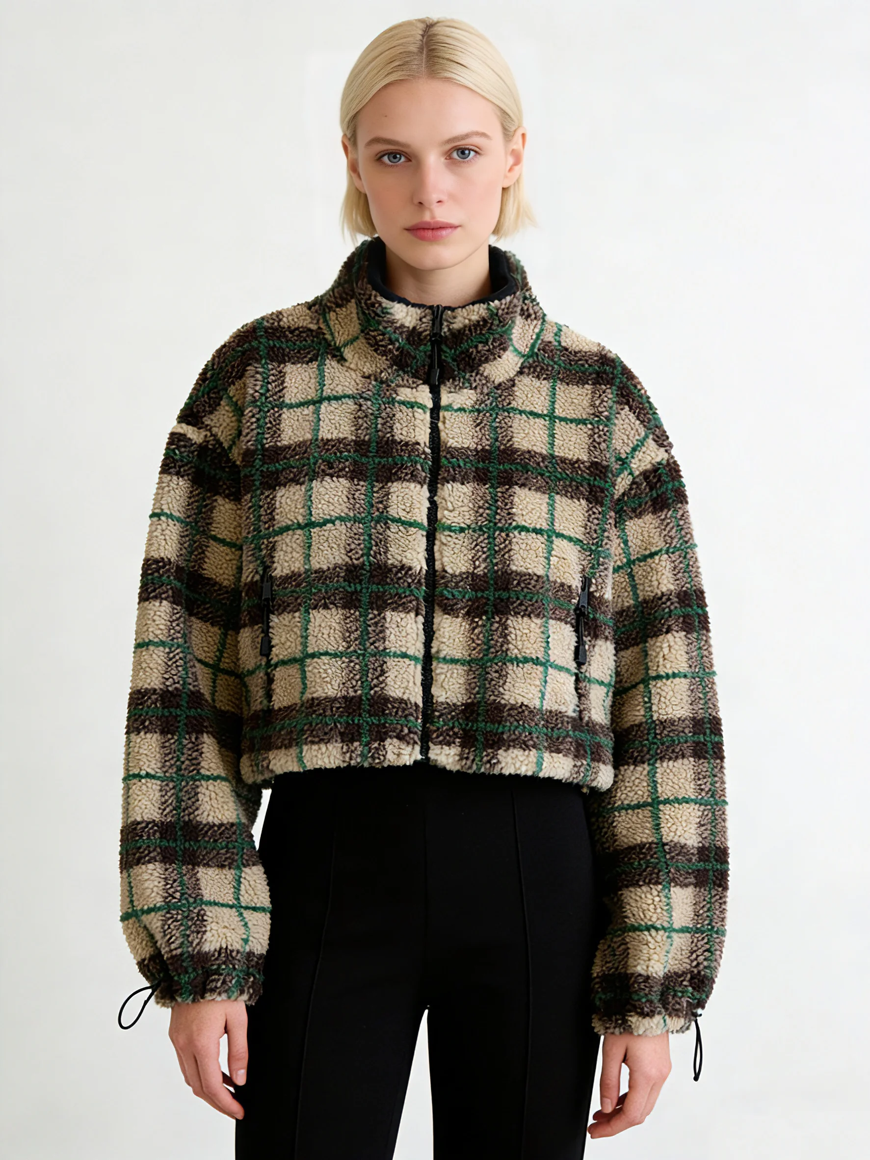 

New Women Wool Plaid Fleece Cropped Jacket Green Brown Checkered Fuzzy Zip Up Stand Collar Outerwear