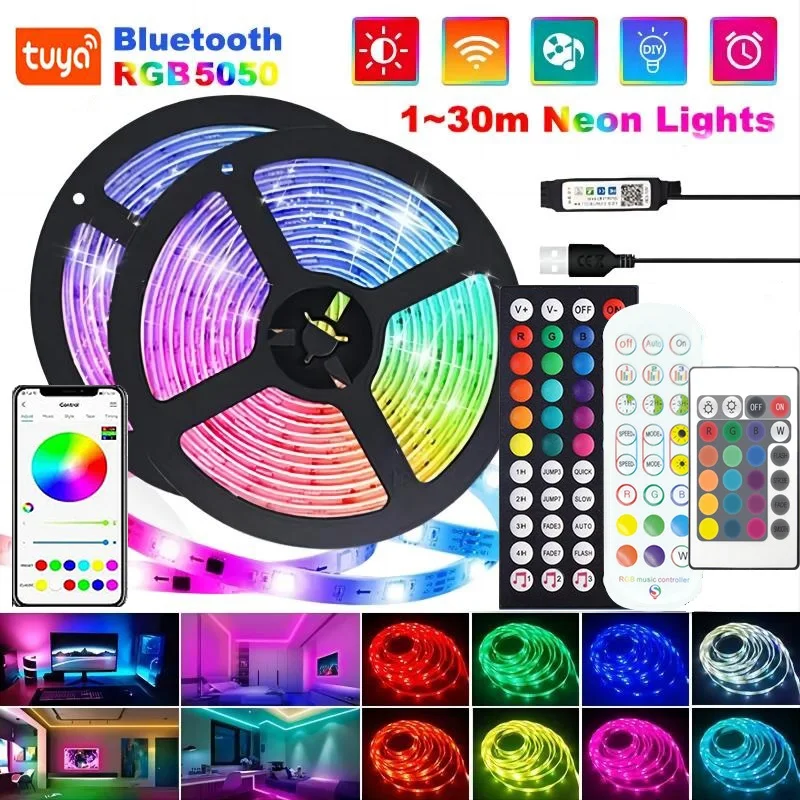 Strip lampu LED USB 1-30m, cahaya Led DC5V RGB 5050 Bluetooth 44k Tuya Wifi kontrol aplikasi Luces pencahayaan Strip sinkronisasi musik untuk pesta