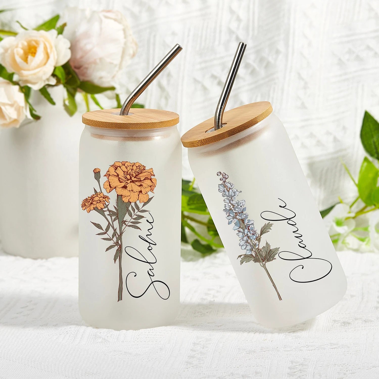 Custom Iced Coffee Cups with Lids and Straws Birthday Gift Personalized Glass Cups Birth Flower Bridesmaid Proposal Gift For Her