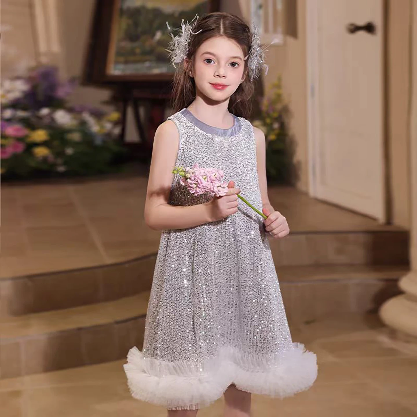 Dreamy Vow D062 Abito da ragazza di fiore in pizzo con paillettes senza maniche o-collo di lusso per bambini Festa di nozze Festa serale Lunghezza al ginocchio Prom