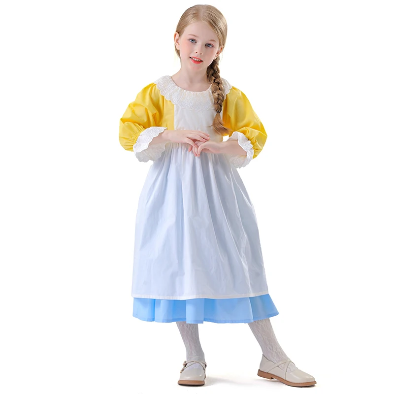 

2025 Child California Costume Colonial Pioneer Pilgrim Girl Cosplay Vintage Yellow Lolita Dress Prairie Girls Halloween Dress up