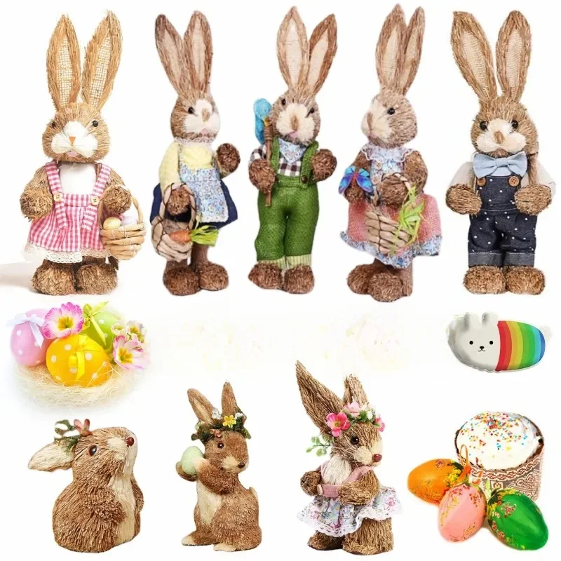 Lapin de Pâques en paille de simulation pour enfants, lapin debout mignon, décoration créative pour la maison et le jardin, cadeau artisanal, printemps