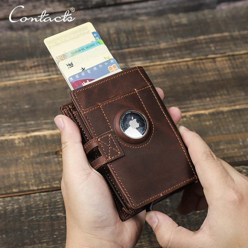CONTACTS Genuine Leather Men Wallet Brand RFID Aluminum Box Card Holder Male Purse With Airtag Slot Design Zipper Coin Pocket