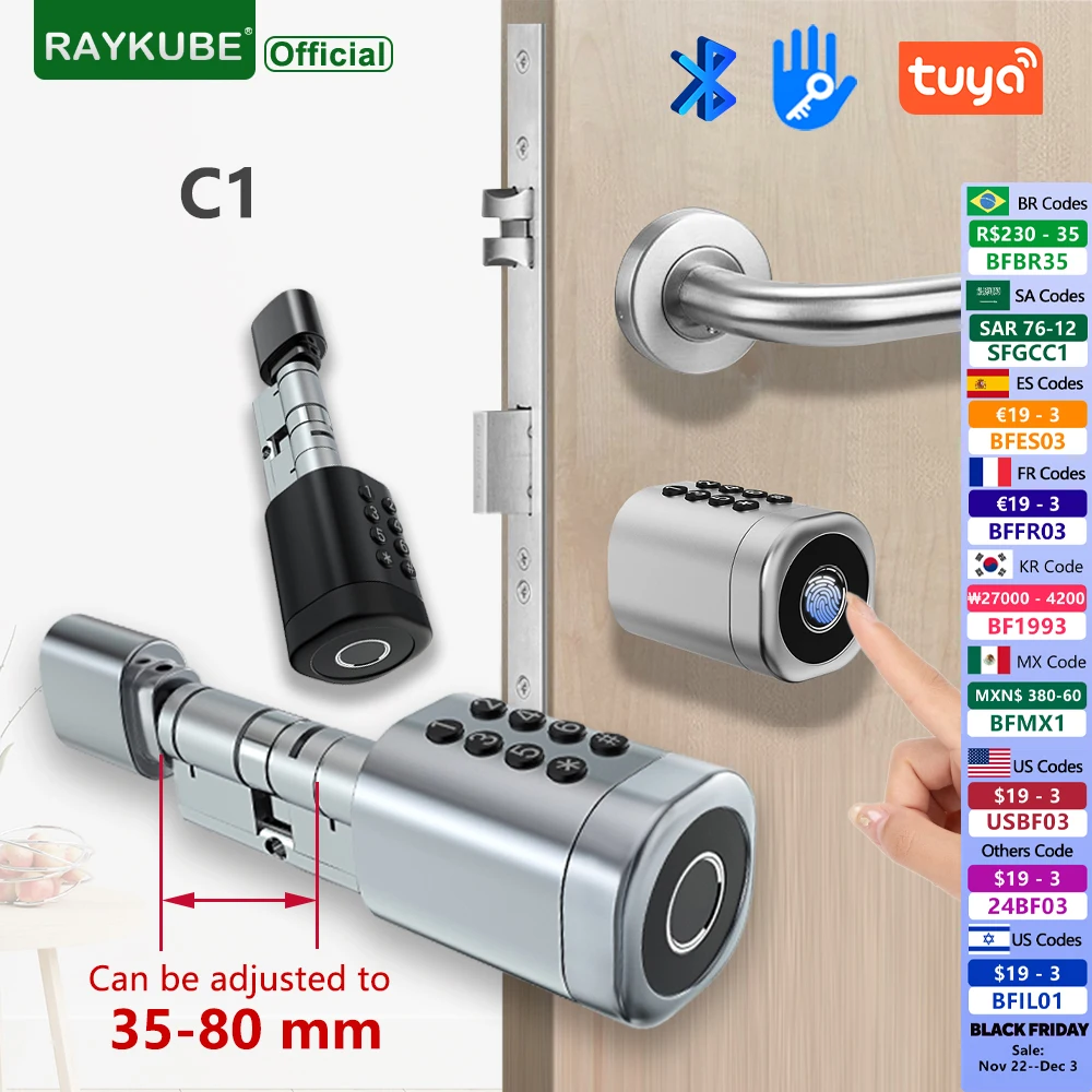 RAYKUBE C1 Tuya BLE TT Lock Smart Door Lock with 2-Ways-Adjustable Cylinder Length Fingerprint Password APP Key IC Card Unlock