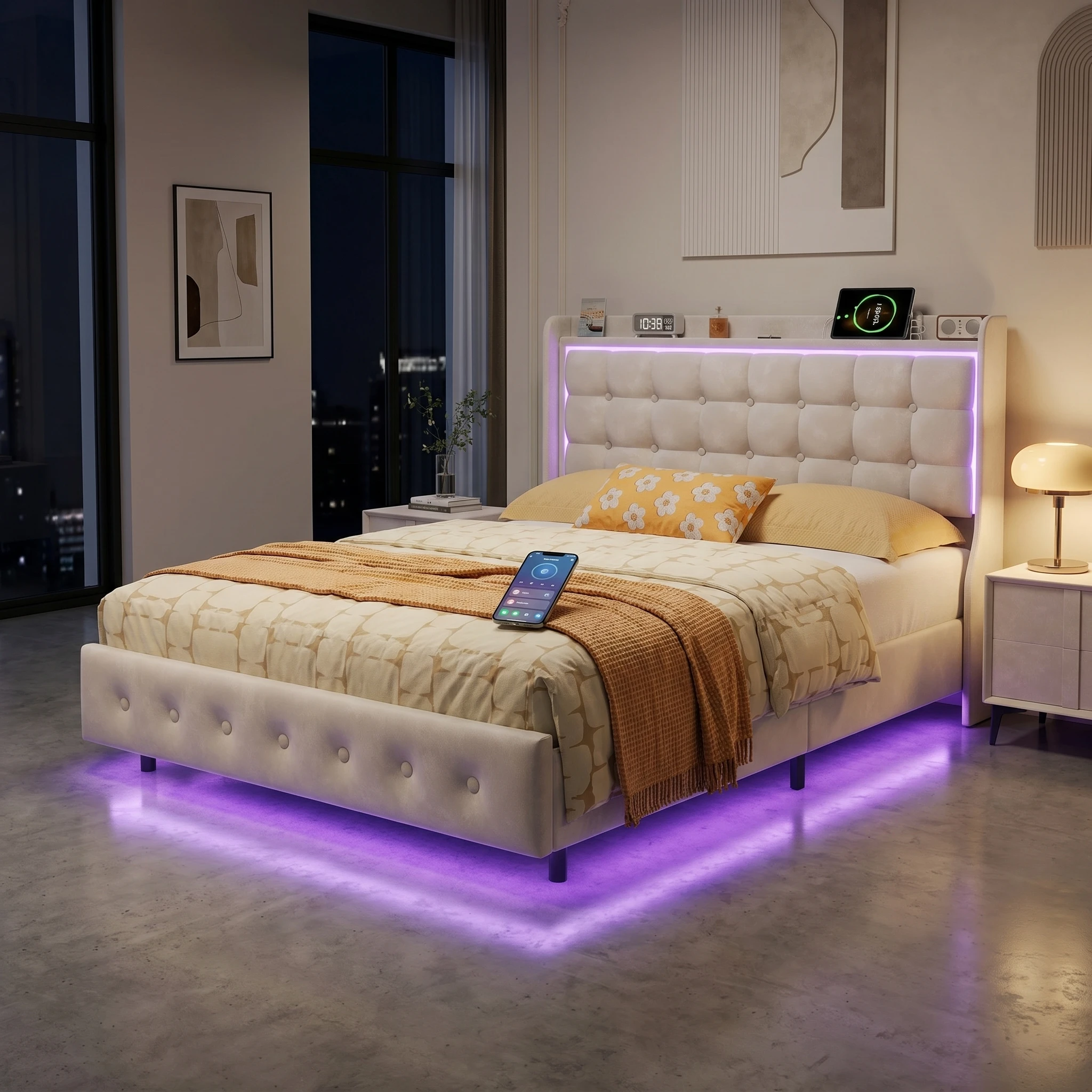 Cama tapizada Superaly de 140 x 200 cm, cama doble con LED y USB, cama flotante con base de listones, sin colchón, terciopelo, blanco