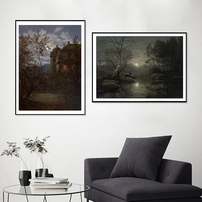 Full Moon Spooky Gothic Wall Art Canvas Print Halloween Home Decoration Vintage Haunted House Painting Moody Wall Pictures