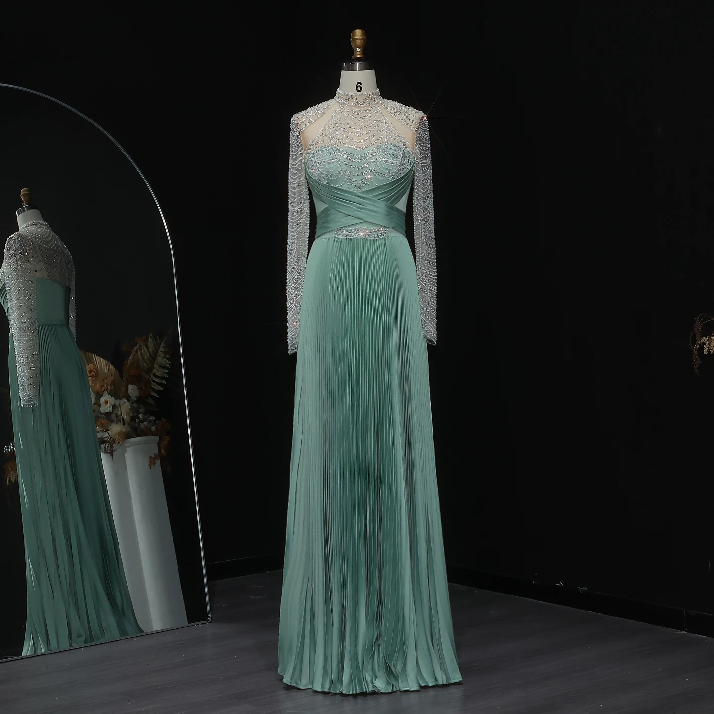 Sukienka wieczorowa Sharon Said Chic w kolorze miętowej zieleni, plisowana, z długimi rękawami zdobionymi koralikami, suknie na wesele w stylu arabskim z Dubaju SS674, szyta na miarę.