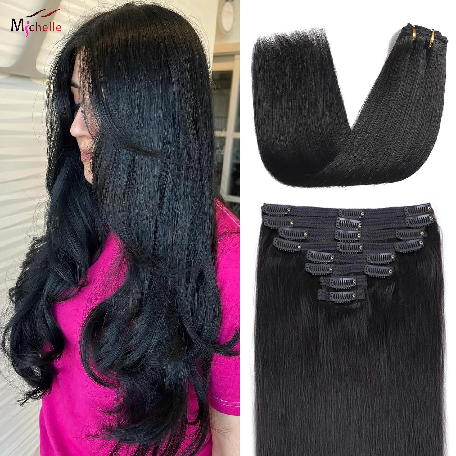 Clip-in Hair Extensions Straight Real Human Hair Seamless 120g Natural Black Human Clip-In Extensions Invisible Straight 8Pcs