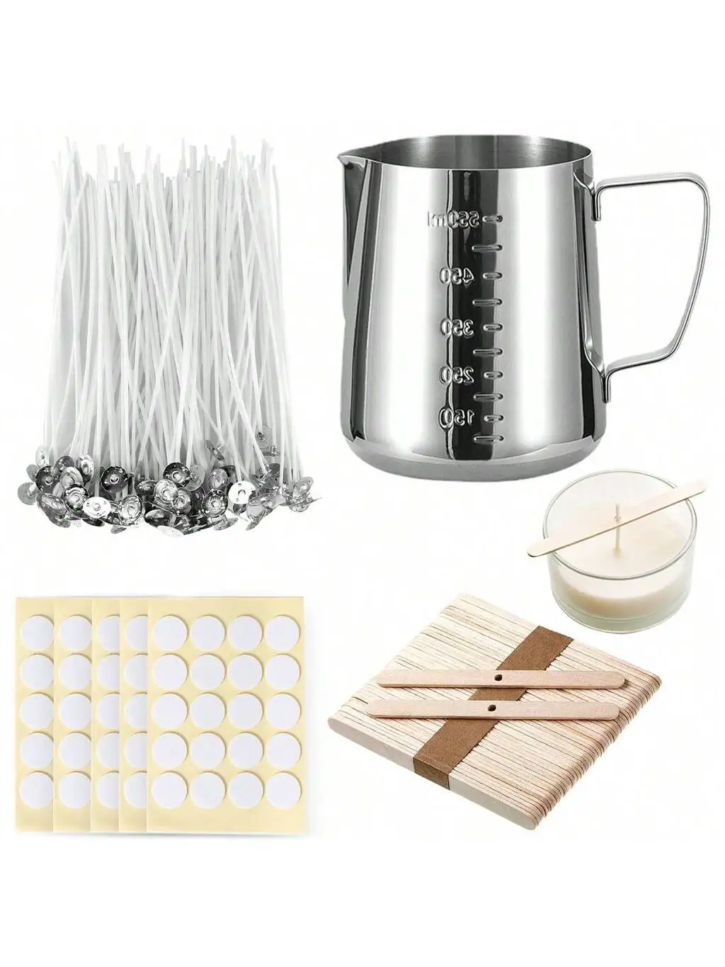 Suministros para hacer velas, Kit de herramientas para manualidades, 1 maceta de acero inoxidable para hacer velas, 100 mechas, 100 pegatinas de mecha de vela y 50 piezas soporte de mecha de vela de 1 orificio