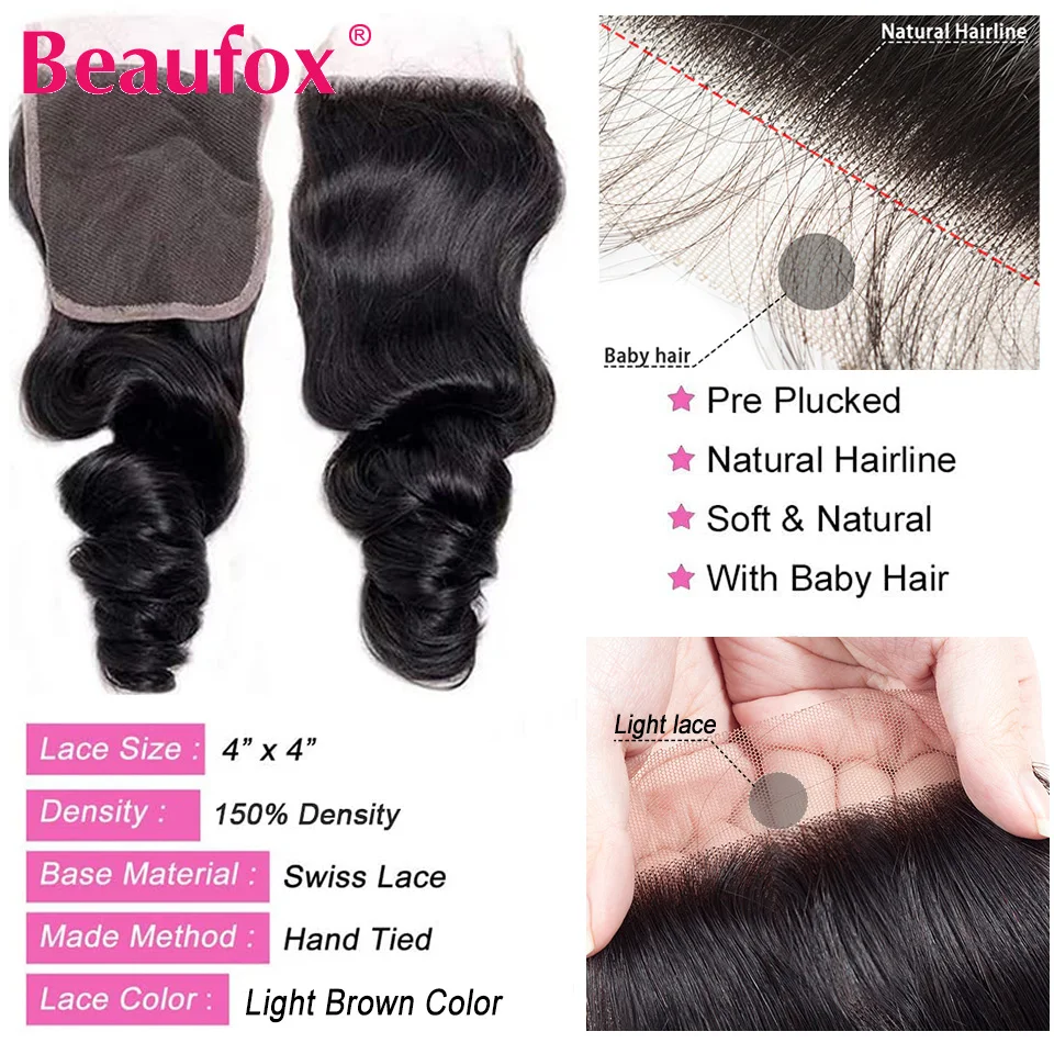 Beautfox bundel gelombang longgar Malaysia dengan penutup 100% rambut manusia tenun 3 bundel dengan penutup penutup penutup rambut Remy dengan bundel