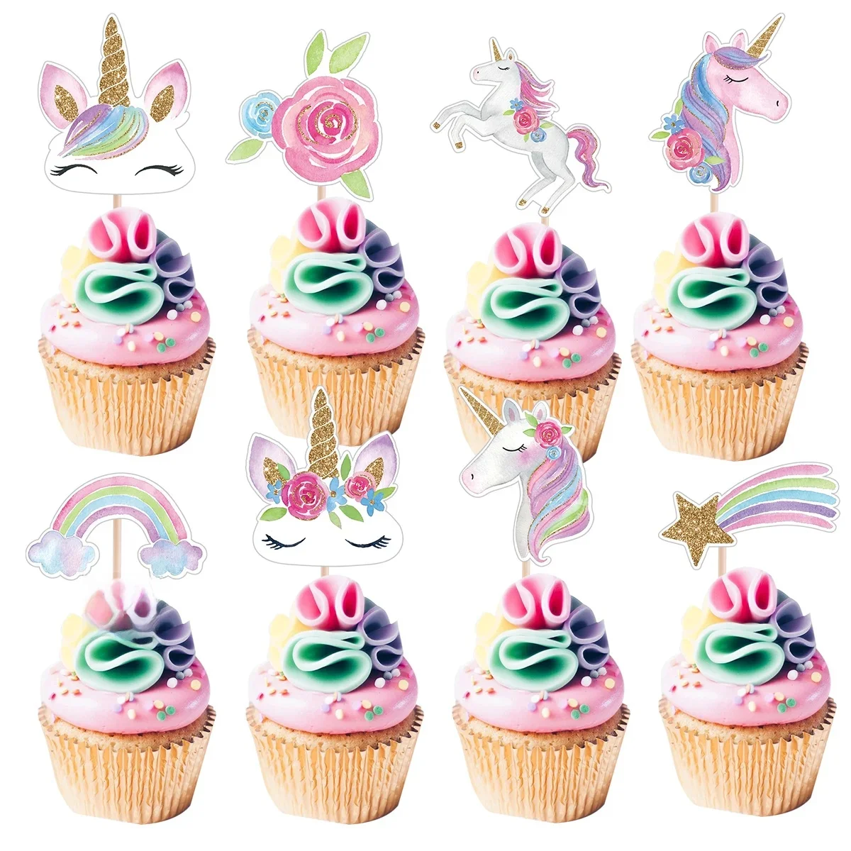 24 szt. Karton jednorożec Cupcake Topper kolorowe tęczowe papierowe wykaszarki dla dzieci jednorożec urodziny DIY materiały do ​​dekoracji ciast — zdjęcie 2