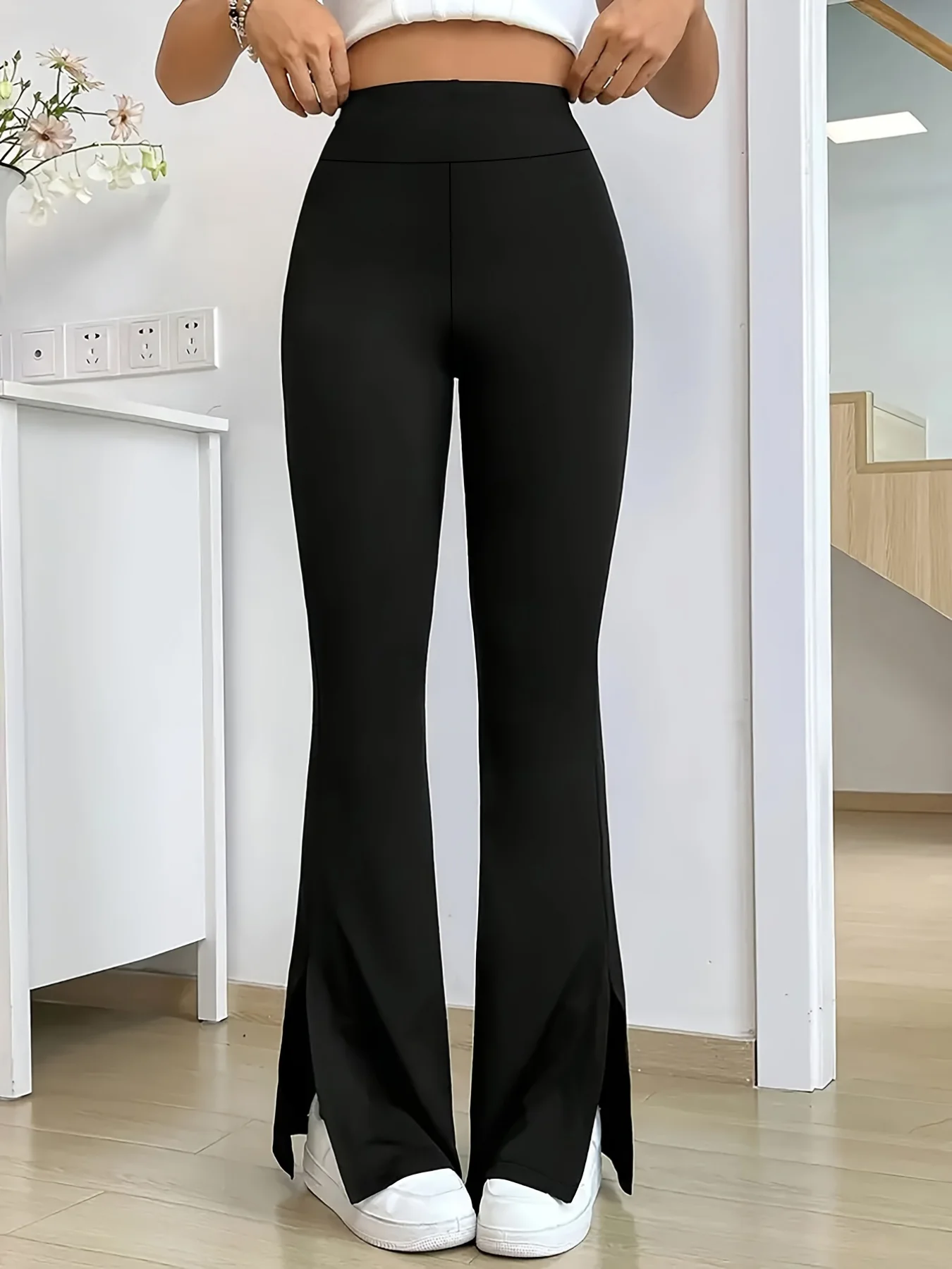 

Модные женские брюки-клеш с разделенным подолом, высокая эластичность талии, подходят для повседневных упражнений для йоги, новинка 2023 года