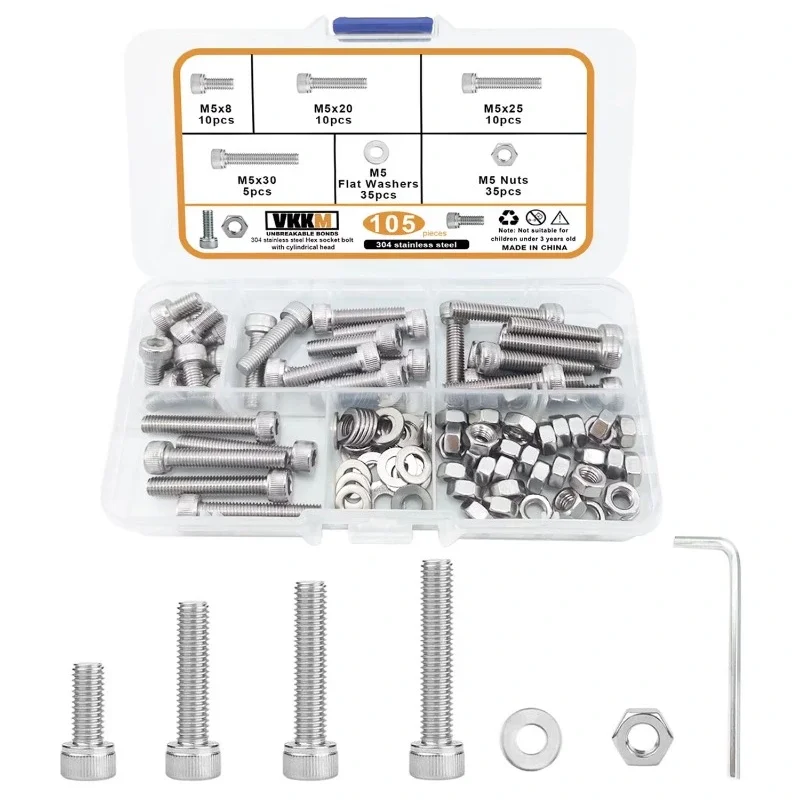 VKKM 105Pcs M5 Socket Head Cap Screws Set, 304 Stainless Steel Hex Socket Bolts with M5 Nuts & Flat Washers, Assortment Kit for Machinery, 3D Printer, DIY Metal Assembly