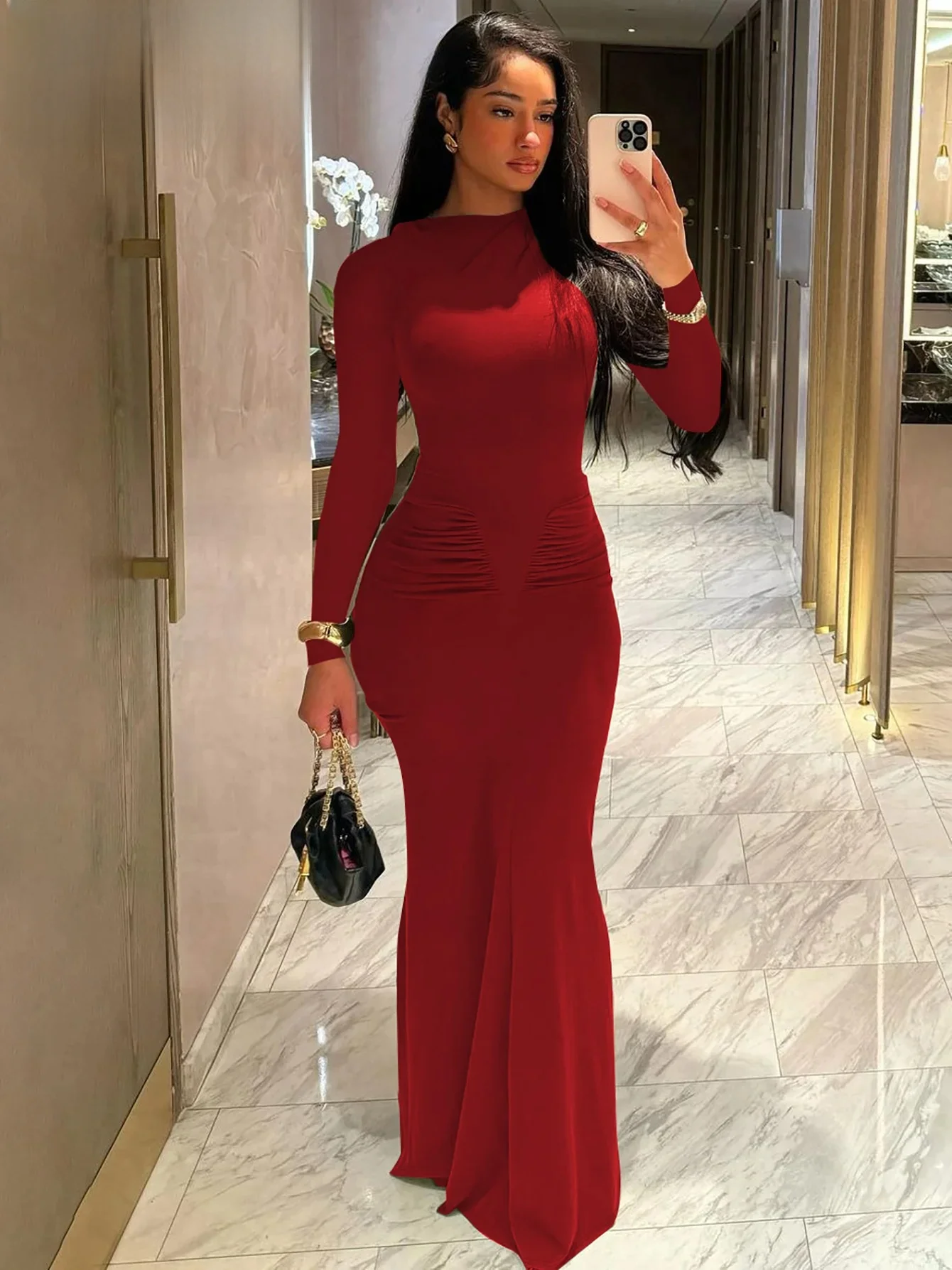 Dulzura elegancka, solidna sukienka Maxi z długim rękawem Bodycon Ruched proste ubrania damskie koktajlowe suknie wieczorowe Y2K hurtownia — zdjęcie 2