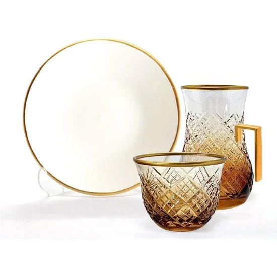 Toygar Drop Handle Efe Tea Set 6 + 6 Crystal Amber