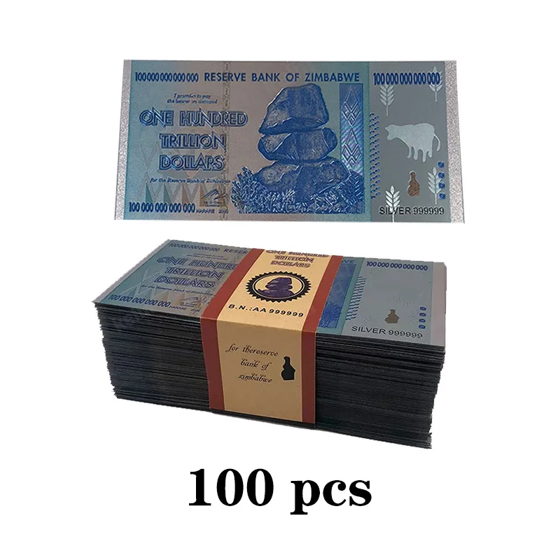 

100 pcs Zimbabwe One Hundred Trillion Dollar Silver Plated Banknote $Z100 Trillion Blue Gold Foil Banknote Collection Gift