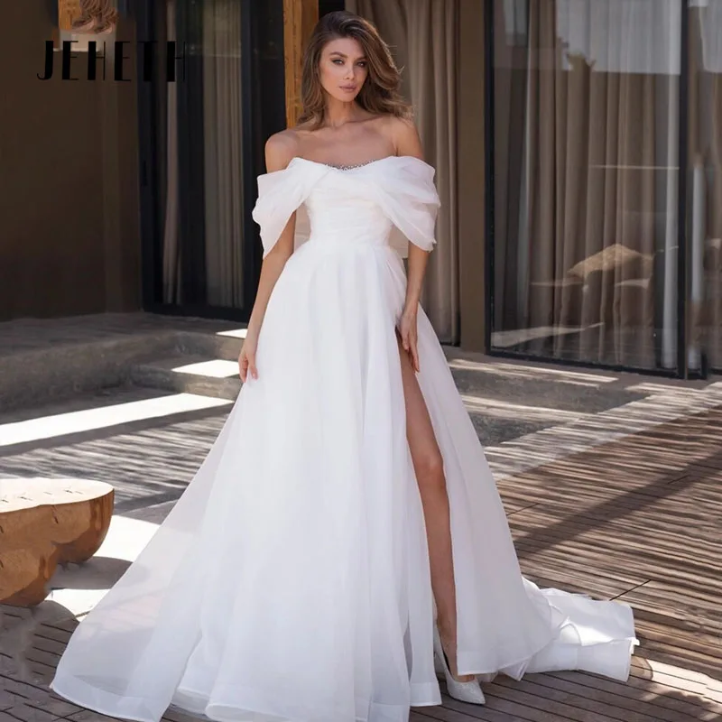 JEHETH Off The Shoulder Wedding Dresses Sexy Backless Bride Dress High Split Beach Boho Bridal Gowns Elegant  Princess A-Line