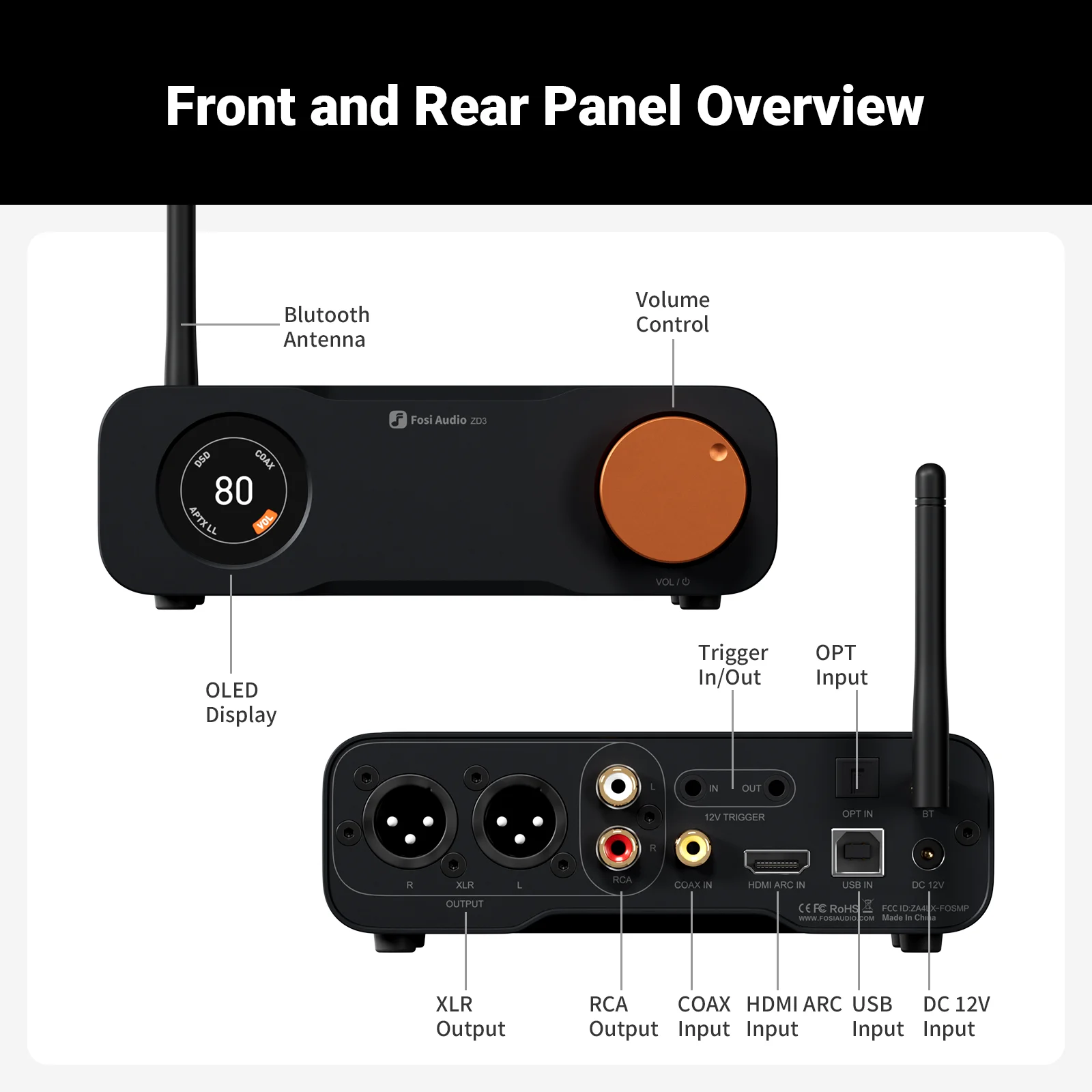 Fosi Audio ZD3 Bluetooth Desktop DAC Preamp ARC Input, ES9039Q2M Fully Balanced Digital  for Home Stereo Amplifier with Remote