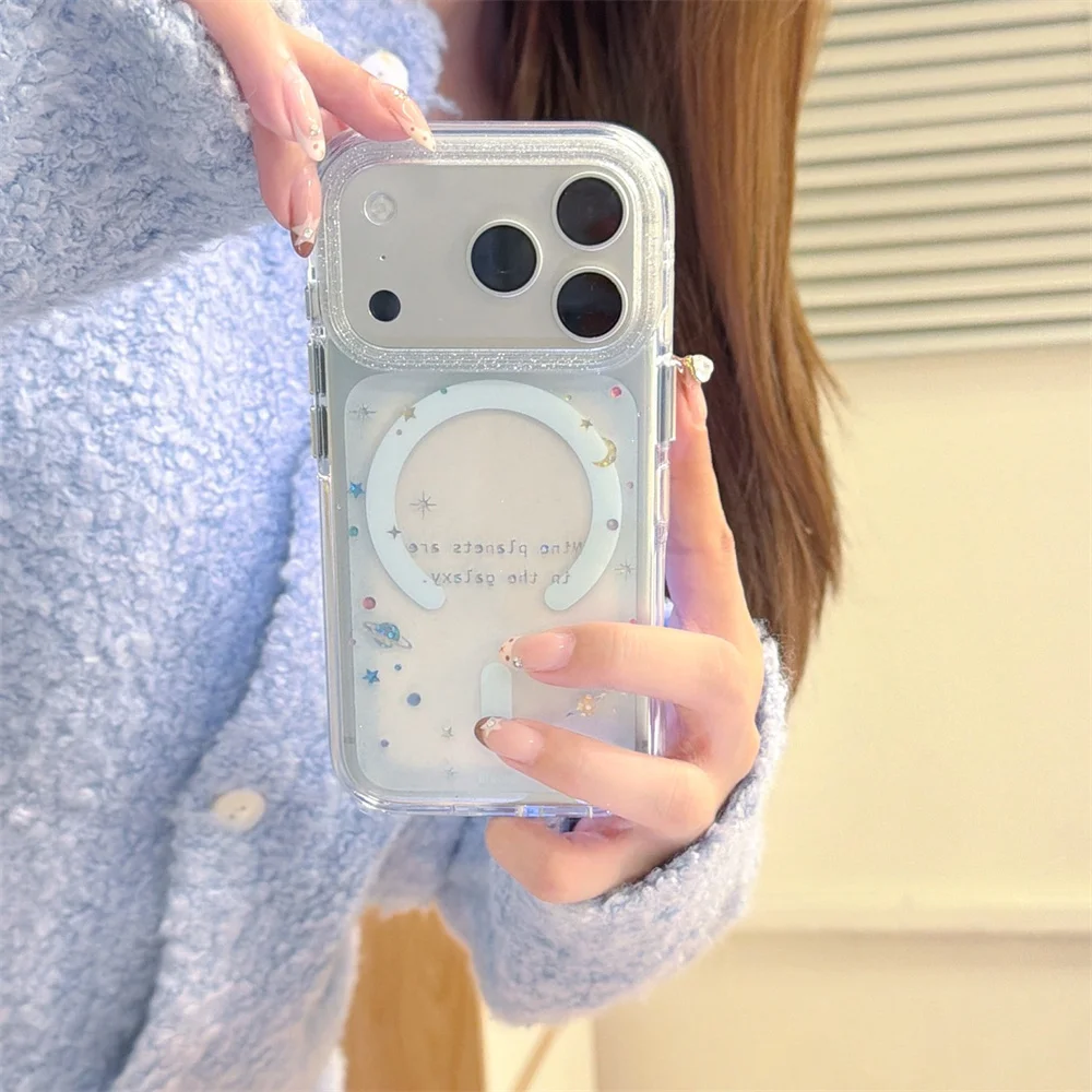 وسادة هوائية بحافة مستديرة مذهبة مغناطيسية جديدة ملونة على شكل كوكب مع دعامة مغناطيسية، مناسبة لهاتف iPhone 17/13/14/15/16 Pro Max Anti #2