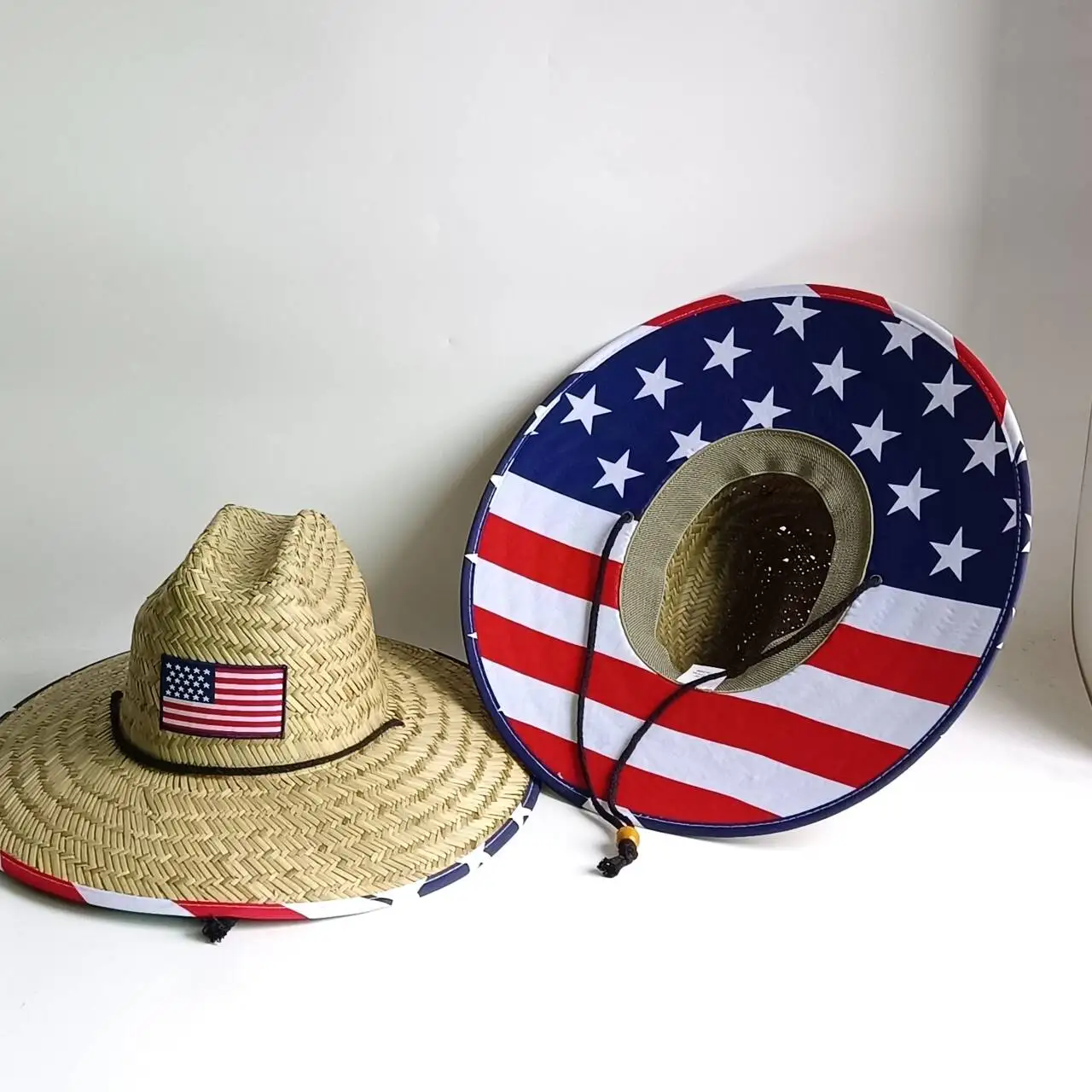 USA Flag Wide Brim Straw Sun Hat, American Patriotic Star Stripe Lifeguard Straw Hat for Summer Beach Outdoor Fishing