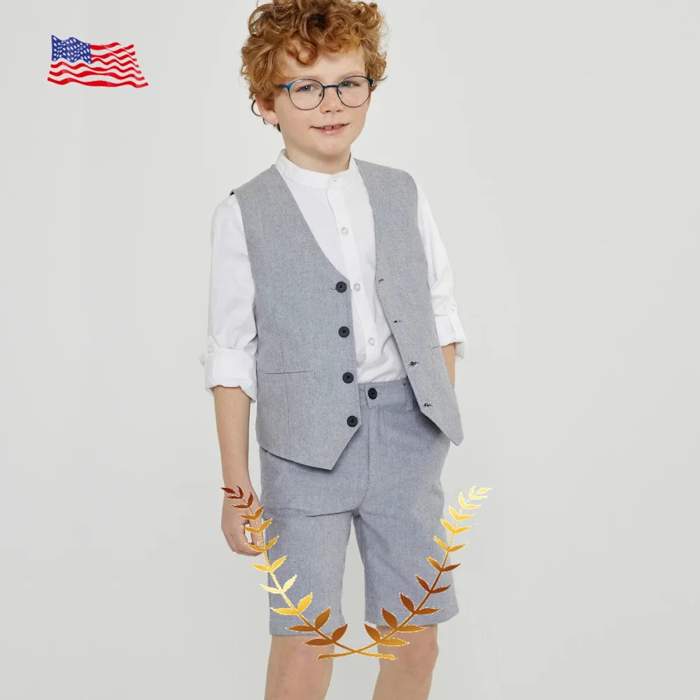 Gray Lien Boy Suit 2 Piece Vest Pants 2-16 Years Old Wedding Kids Tuxedo Casual Party Clothes Fashion Outfit