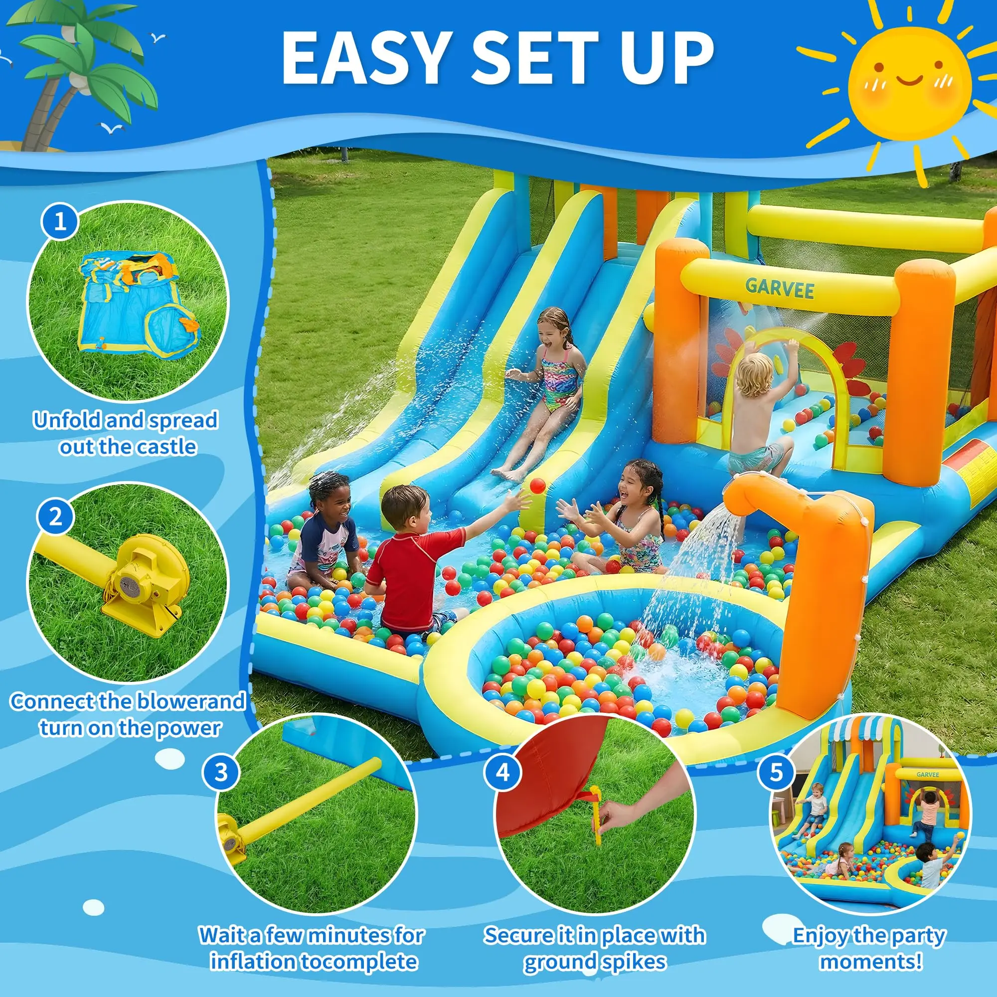 Château gonflable avec souffleur, château gonflable avec toboggan aquatique, château gonflable aquatique avec piscine à pagaies, double toboggan aquatique, mur d'escalade, canon à eau, tunnel, arroseur, parc aquatique pour enfants de 3 à 12 ans