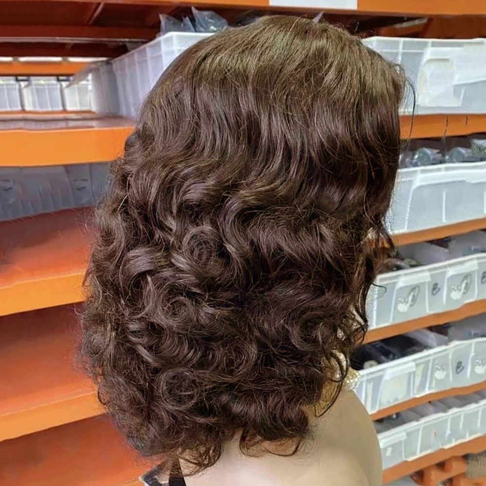 

Короткий парик-боб с глубокими волнами # Короткие кудрявые парики-боб из натуральных волос с фронтальной шнуровкой 13x4, цвет шоколадно-коричневый, 16 дюймов