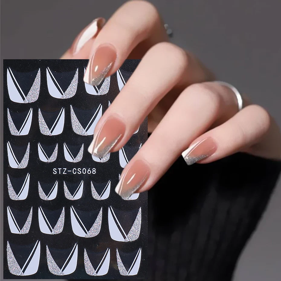 Glitter Franse Lijn Nail Stickers Zilver Wit Schuine Strip Decals Slider 3D Ster Hart Glanzende Decoratie Nail Tips NLSTZ-CS068