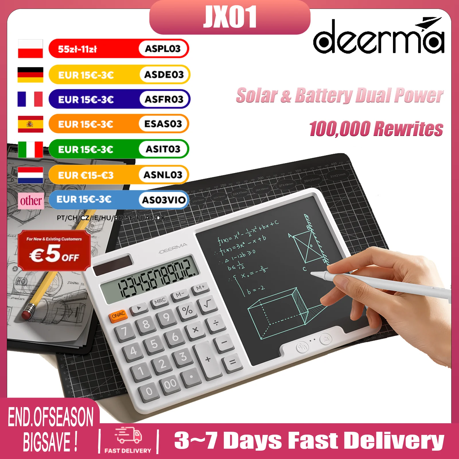 Calculatrice avec Bloc-notes LCD Deerma JX01 2 en 1, Affichage 12 Chiffres, Double Alimentation Solaire et Pile, 100 000 Réécritures, Verrouillage d'écran, pour Bureau, Finance, École, Notes de Réunion, Filtre Anti-lumière Bleue, Protection Oculaire