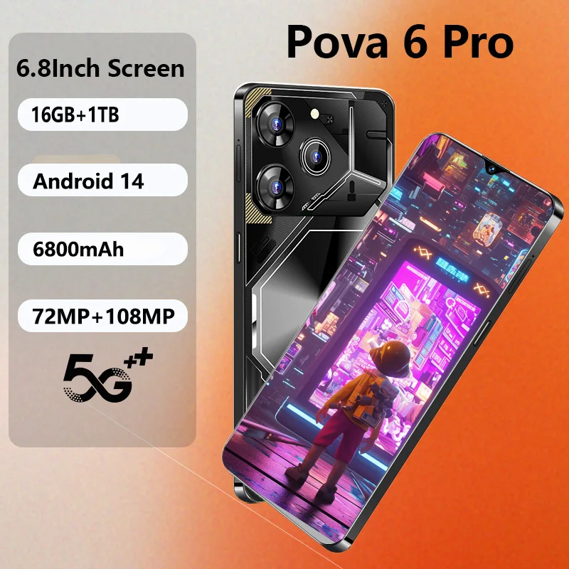 

2025 Brand New Smartphone Pova 6 Pro 6.8inch HD 16G+1T Global Version Mobile Phone 108MP Camera 6800mAh Battery New HOT Phone