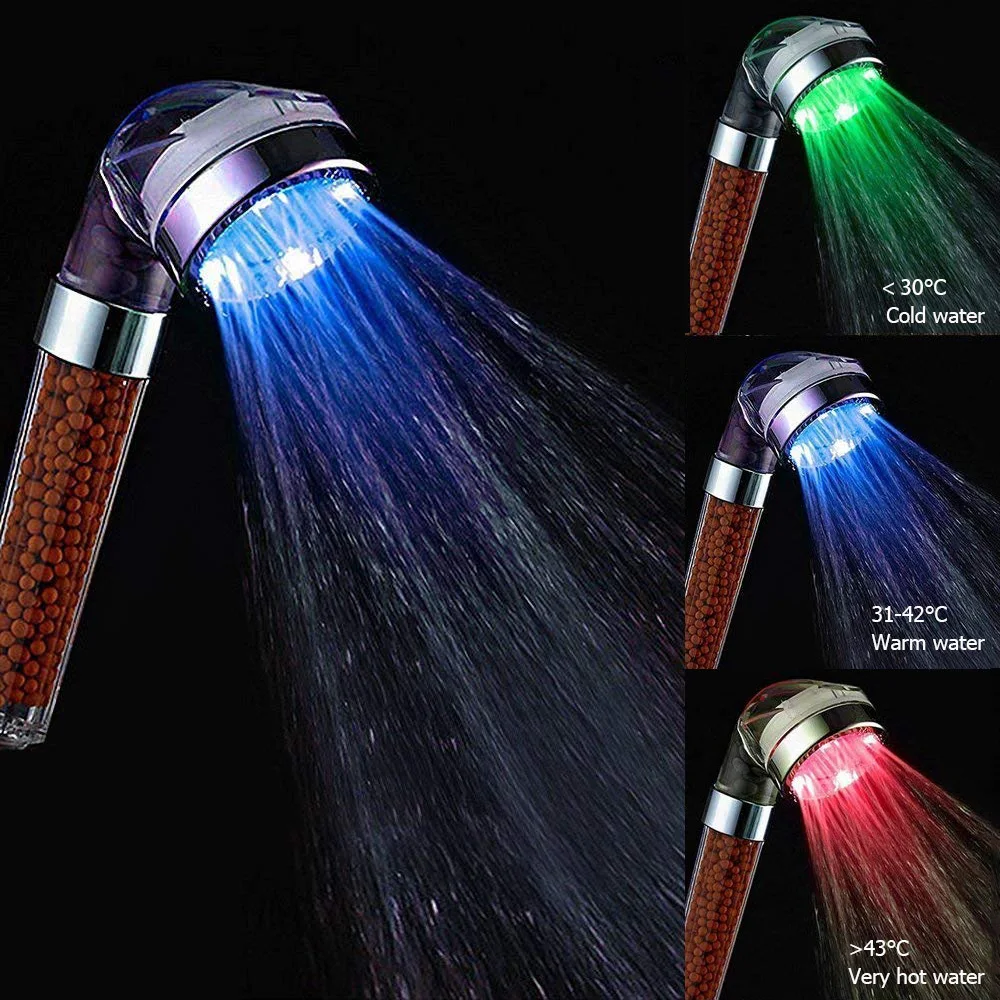 LED Shower Head High Pressure Anion Filter Water Saving Showerhead Temperature Control Colorful Light Handheld Big Rain Shower