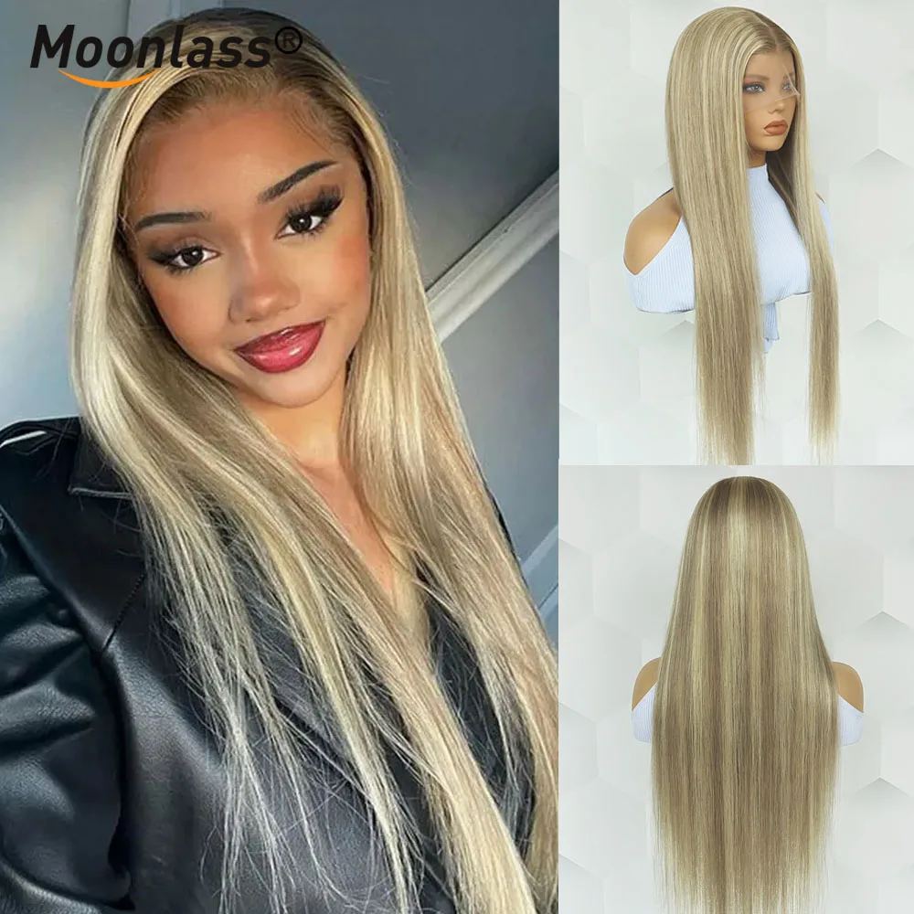 

Highlights Bone Straight Wig 100% Human Hair Ash Blonde 180% Density 13x6 Transparent Lace Front Wigs Natural Hairline Remy Wigs