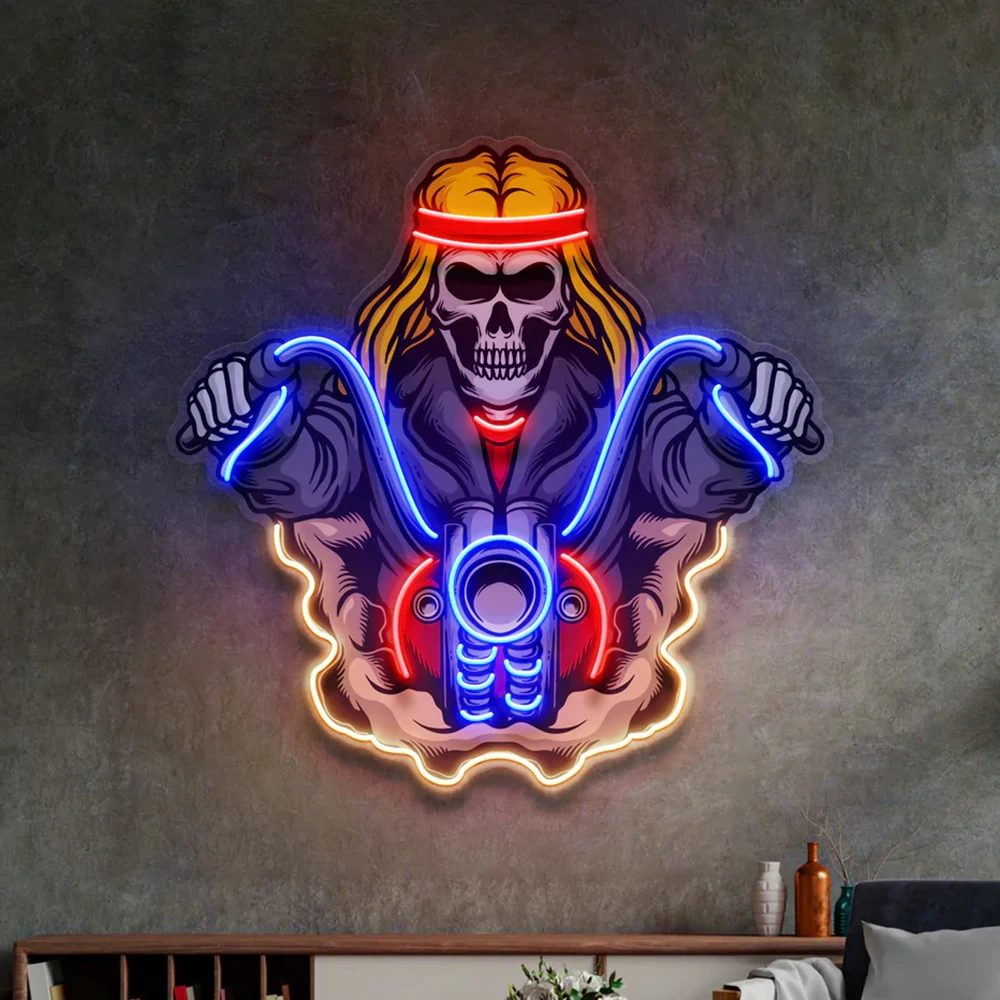 

Biker Skull Neon Sign UV Print Acrylic Pop Art Wall Decor Motorcycle Club Wall Decor Bar Beer Decor Gift for Biker Lover