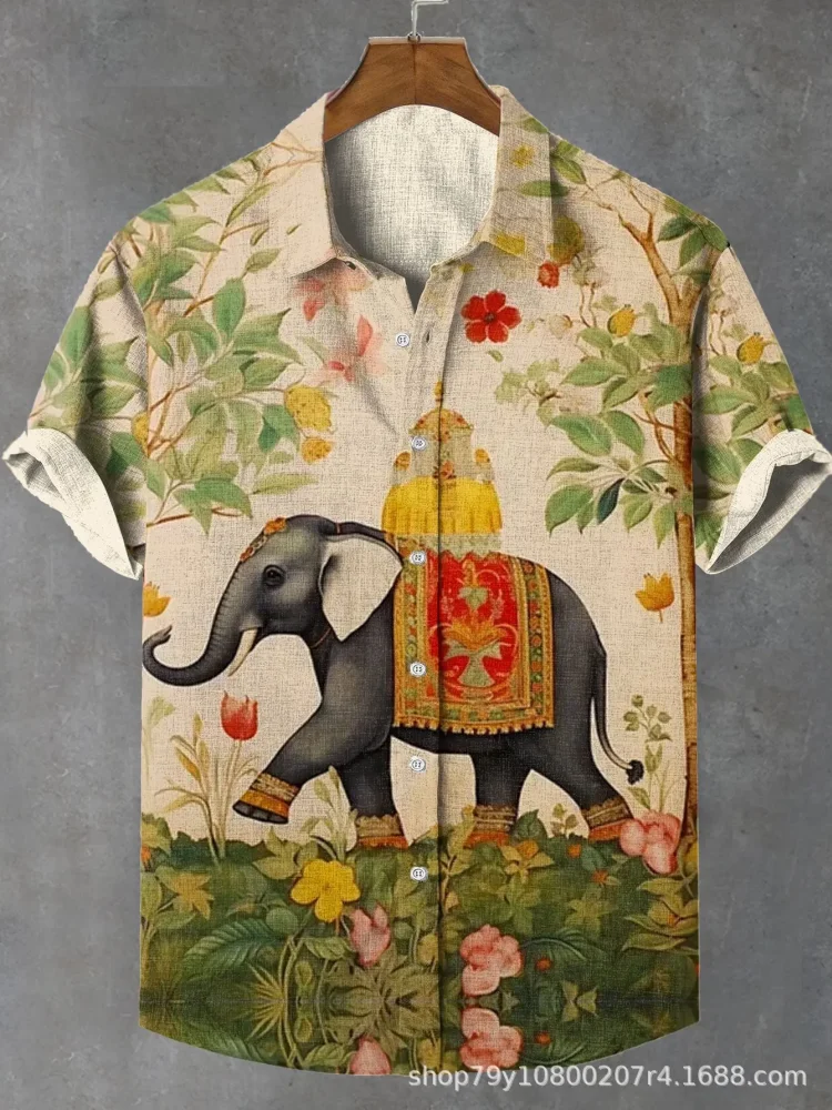 

New sacred elephant print shirt retro men's casual short-sleeved tops high quality linen comfortable material men's clothing