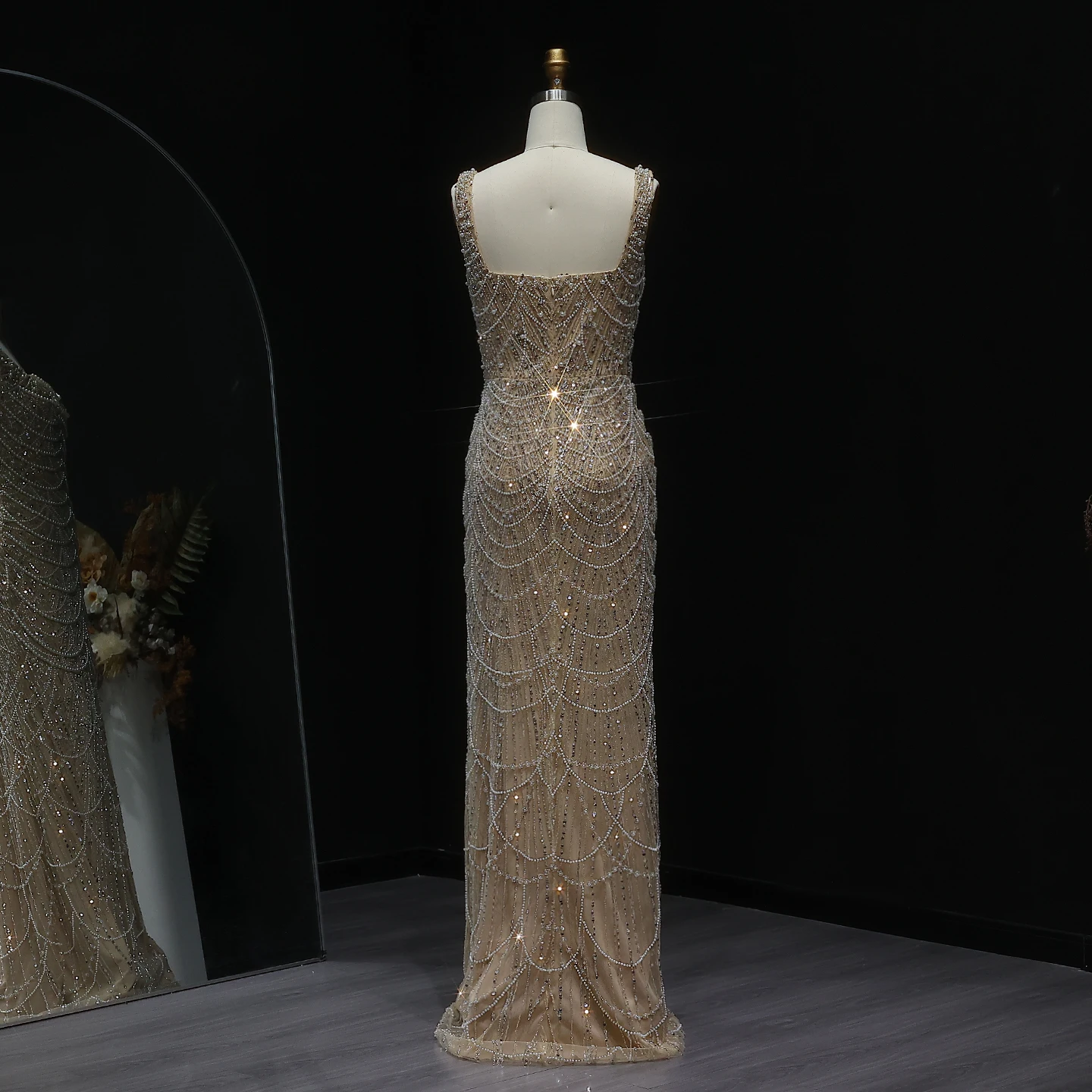 Sharon Said Luxury Pearls Sheath Nude Evening Dress for Women Spaghetti Straps Long Dubai Wedding Party Gowns SS682 Customized