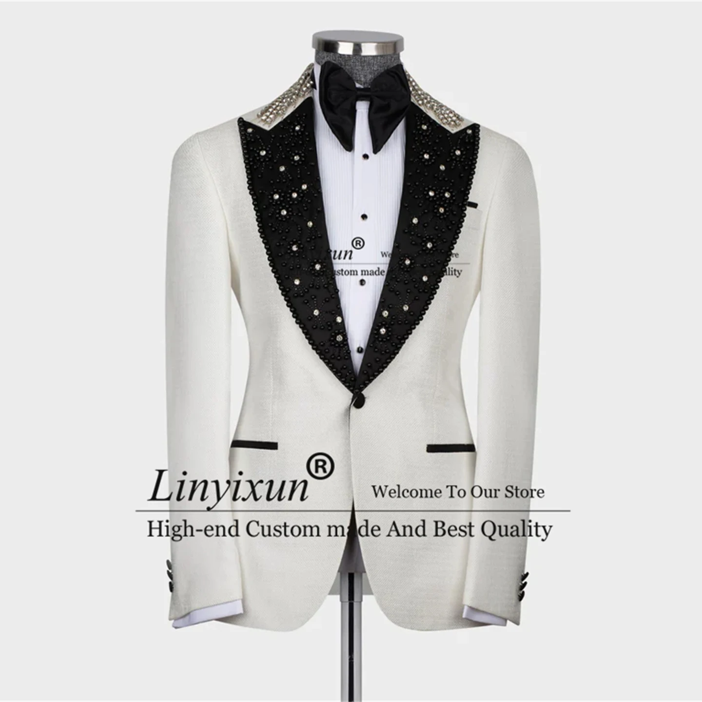 

White Gamestones Tuxedos Luxury Beads Men Suits Peaked Lapel Groom Wedding 2 Pieces Sets Dinner Prom Blazers Slim Costume Homme