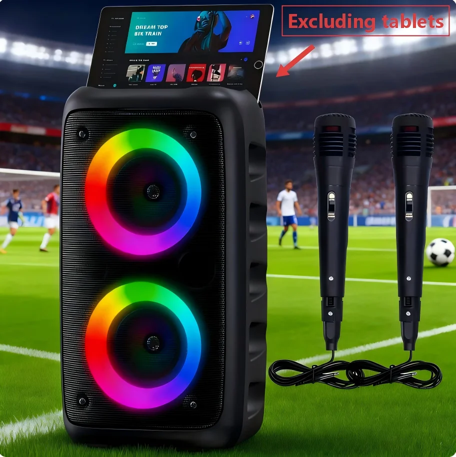 Bluetooth-Partybox mit 2 kabellosen Mikrofonen, zwei 3-Zoll-Tieftönern, FM-Radio, USB/TF, TWS, 2400mAh Akku