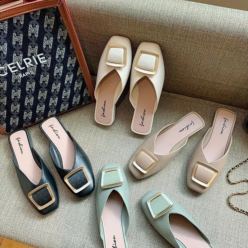 Summer Baotou Half Slippers Women Wear Square Buckle Lazy Fashion French Flat Bottom Sandals And Slippers Ins Tide Shoes